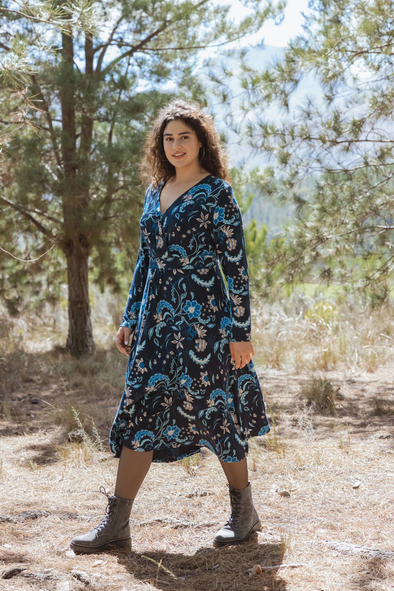 Blue floral faux outlet wrap dress