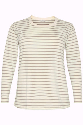 Kaffe Curve Winni Long Sleeve T-shirt in Cream/Grey Stripe