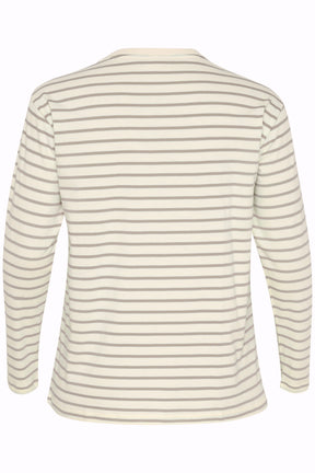 Kaffe Curve Winni Long Sleeve T-shirt in Cream/Grey Stripe