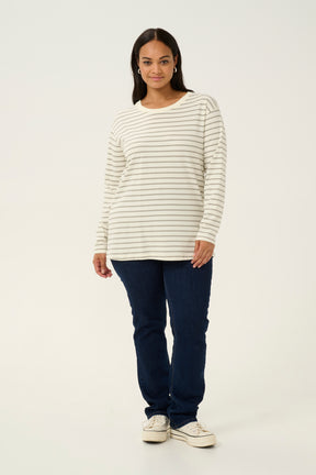 Kaffe Curve Winni Long Sleeve T-shirt in Cream/Grey Stripe