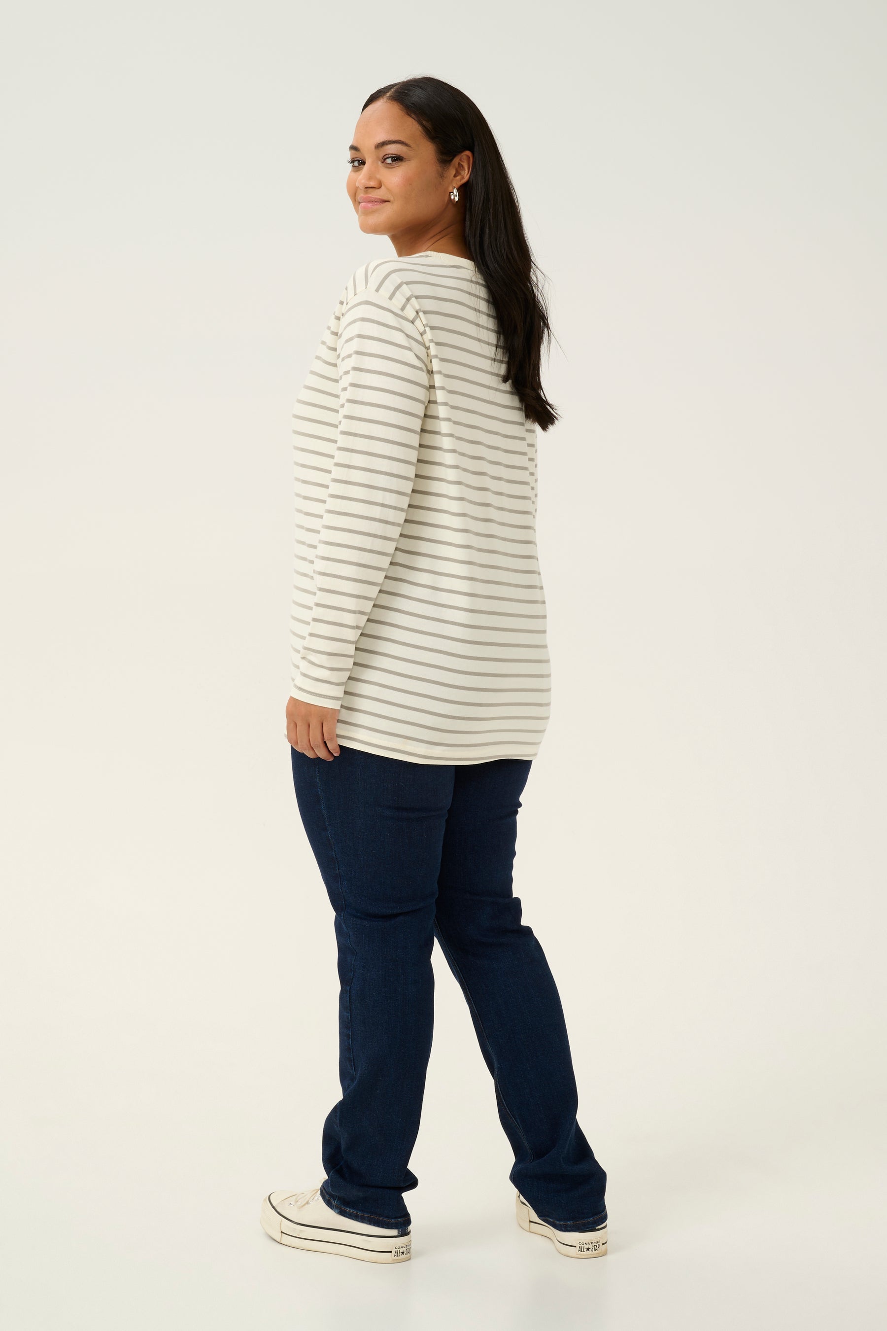 Kaffe Curve Winni Long Sleeve T-shirt in Cream/Grey Stripe