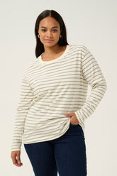 Kaffe Curve Winni Long Sleeve T-shirt in Cream/Grey Stripe