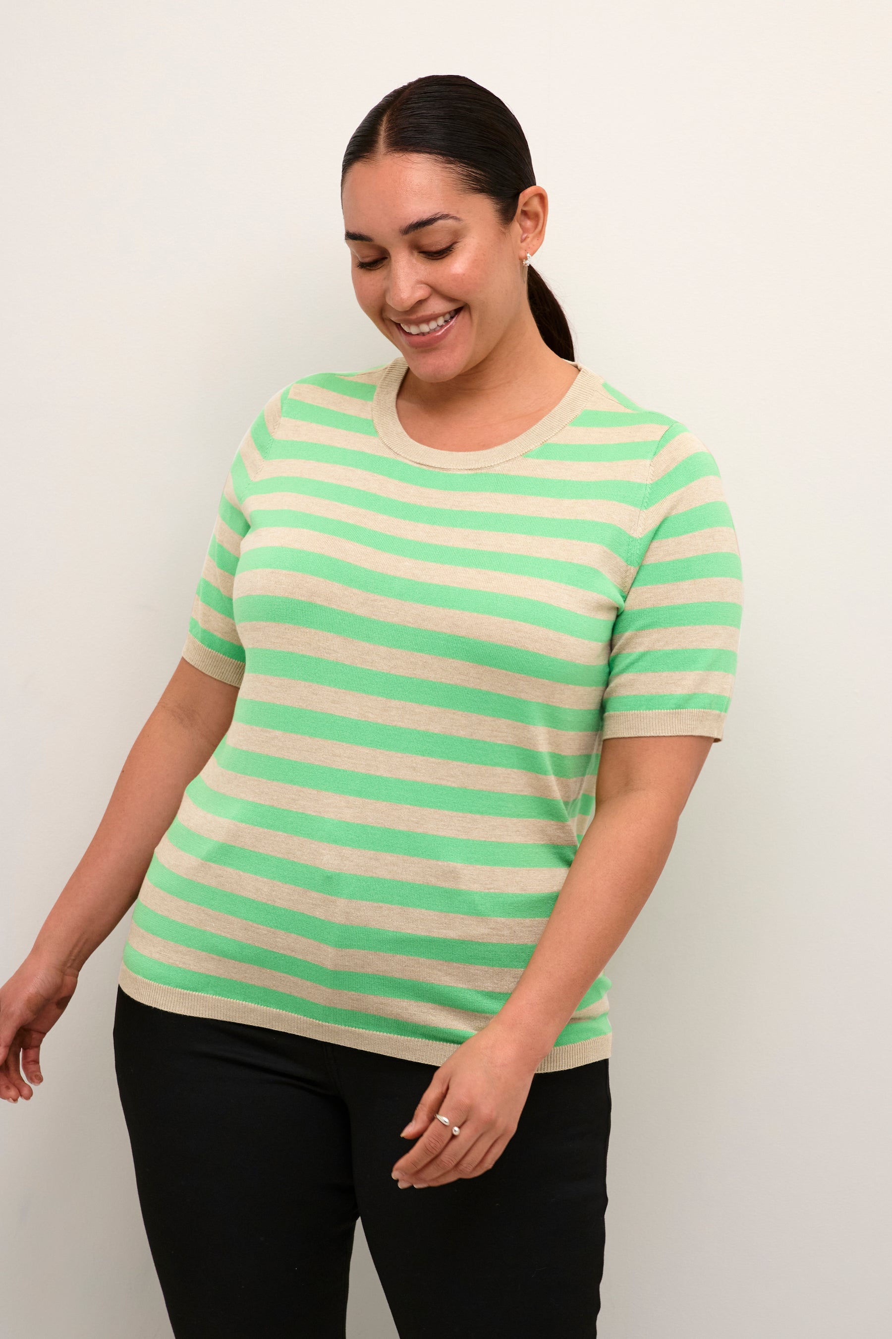 Kaffe Curve Lizzy Knit Top in Green/Beige