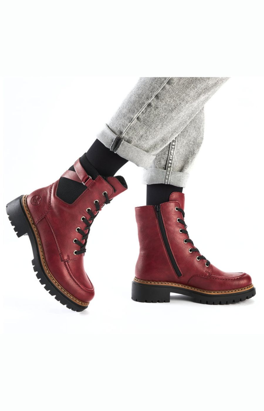 Rieker Biker Lace Up Boot in Red