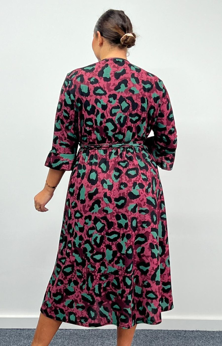 Dani Faux Wrap 3/4 Sleeve Dress in Wine and Green Leopard Print