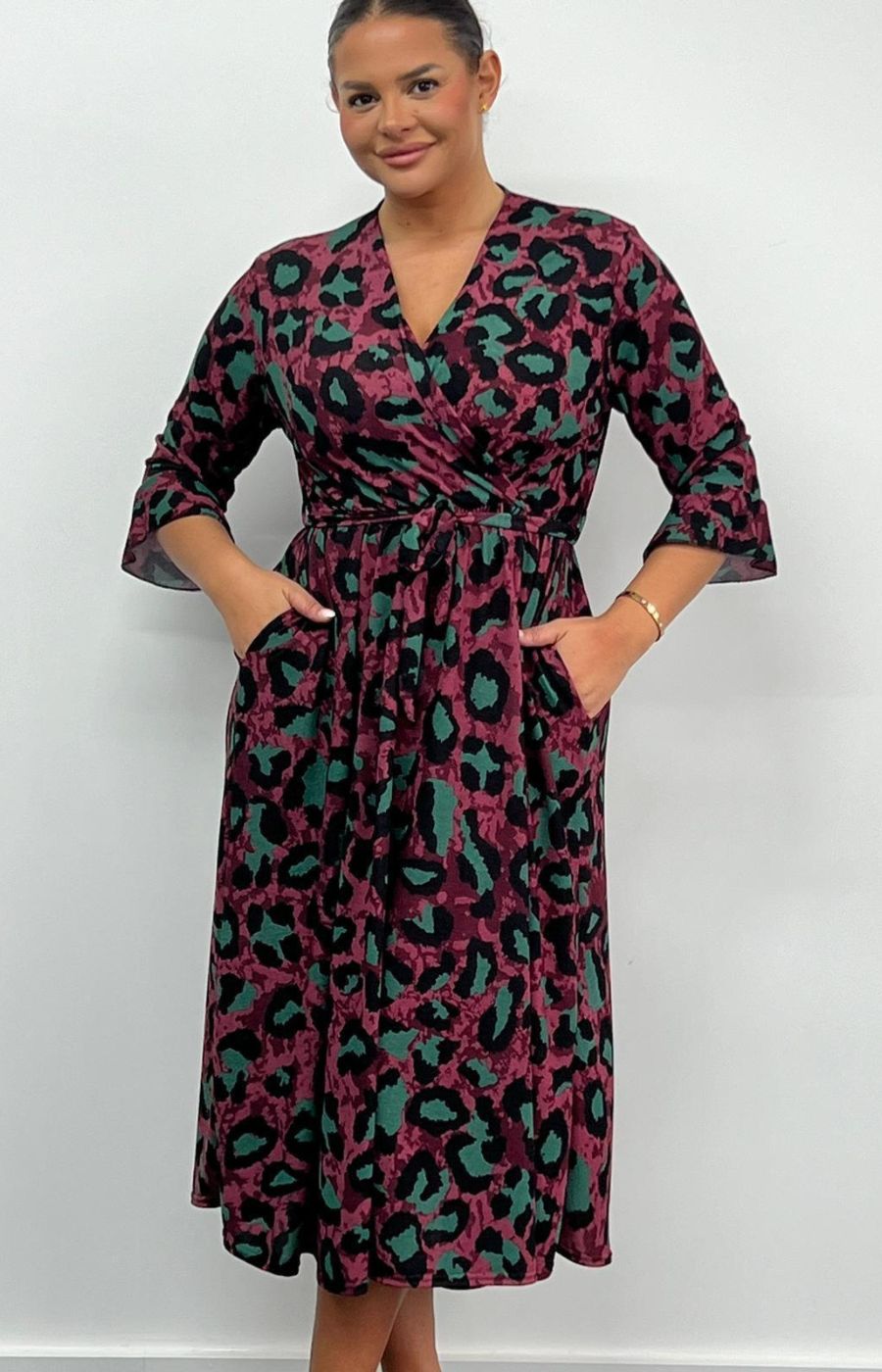 Dani Faux Wrap 3/4 Sleeve Dress in Wine and Green Leopard Print