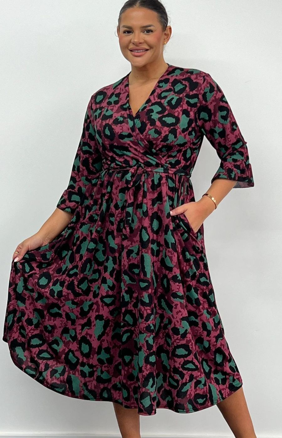 Dani Faux Wrap 3/4 Sleeve Dress in Wine and Green Leopard Print