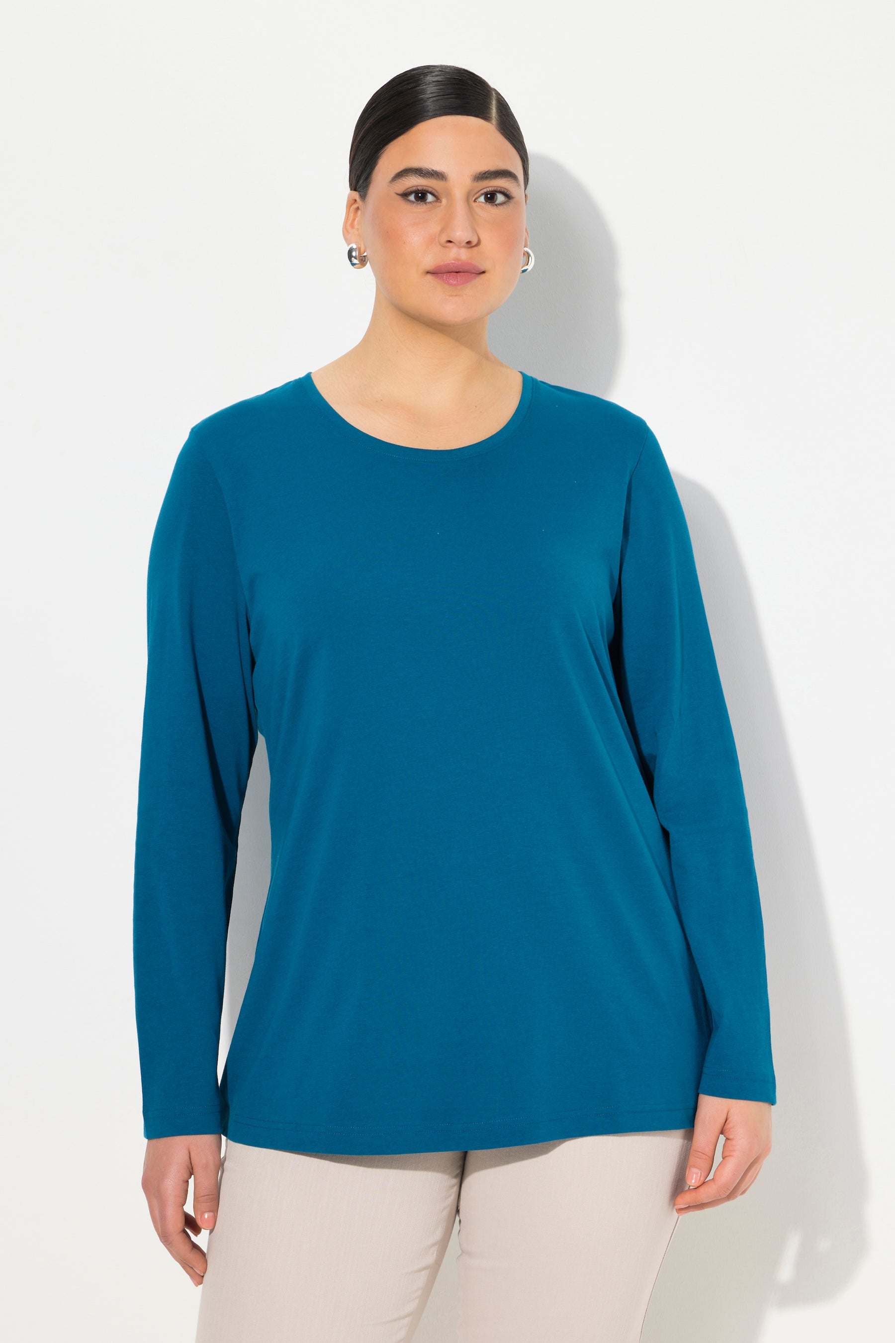 Ulla Popken Cotton Long Sleeve Top in Teal