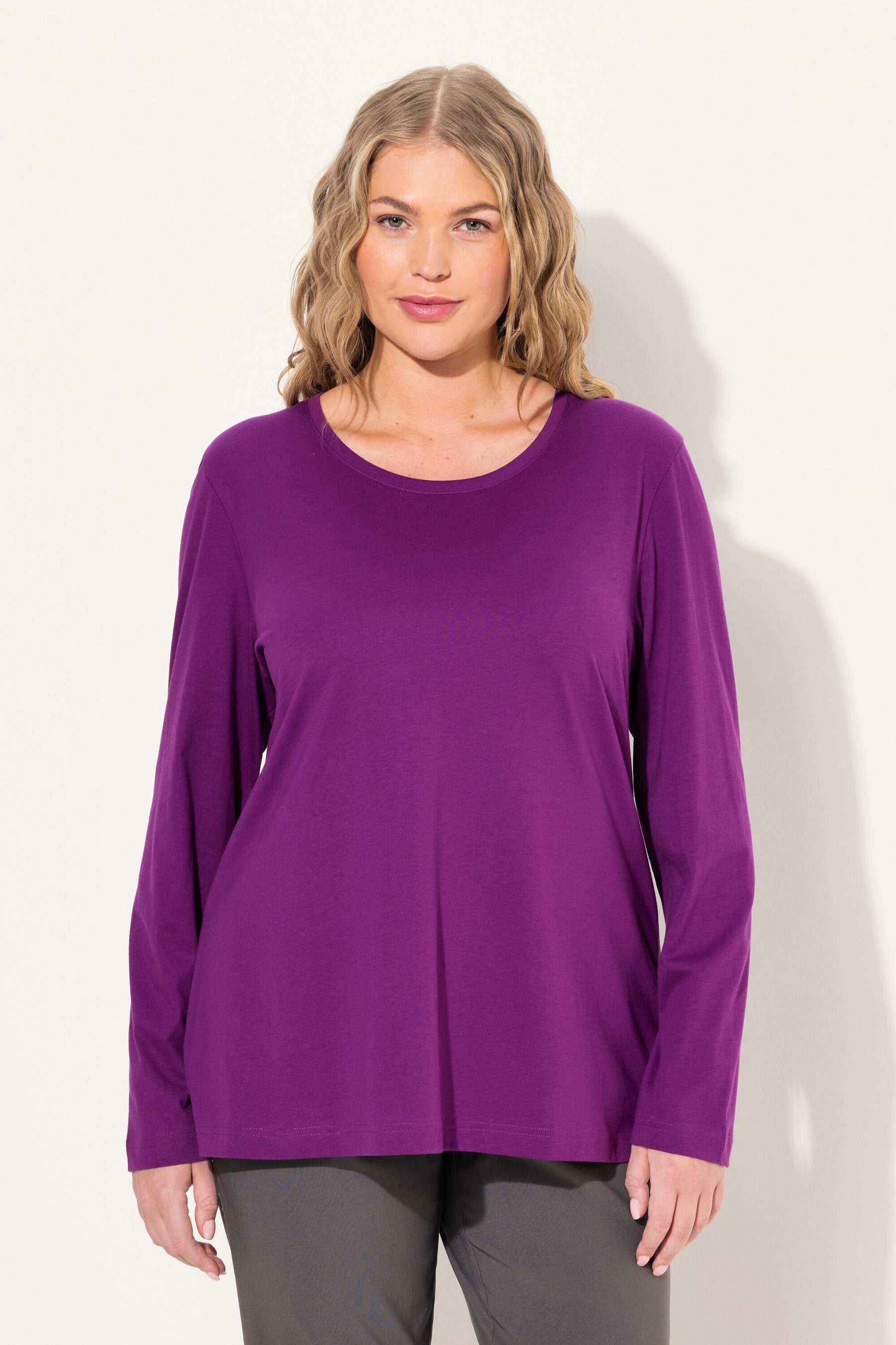 Ulla Popken Cotton Long Sleeve Top in Purple