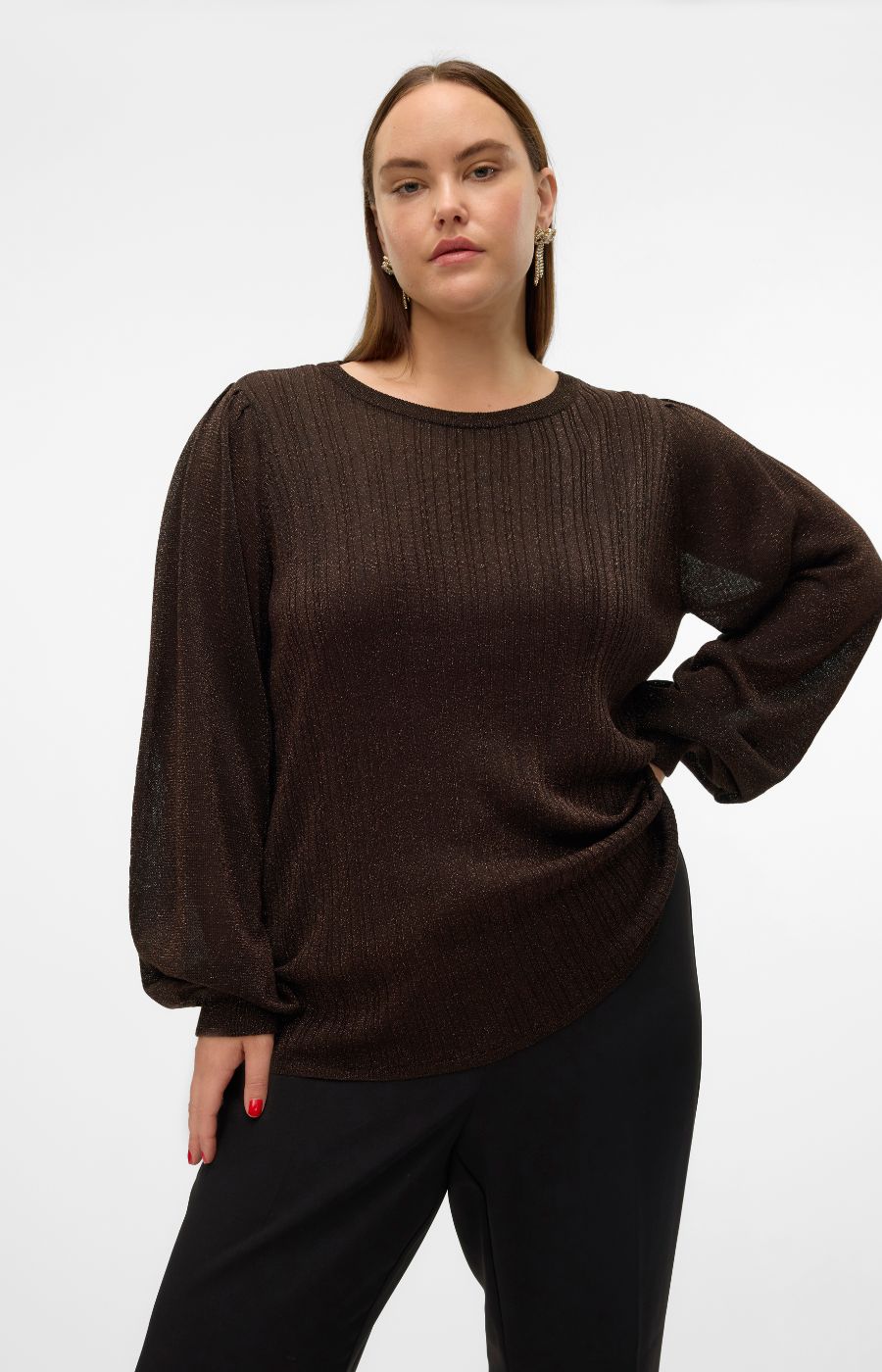 Vero Moda Curve Talia Sparkle Knit Top in Brown