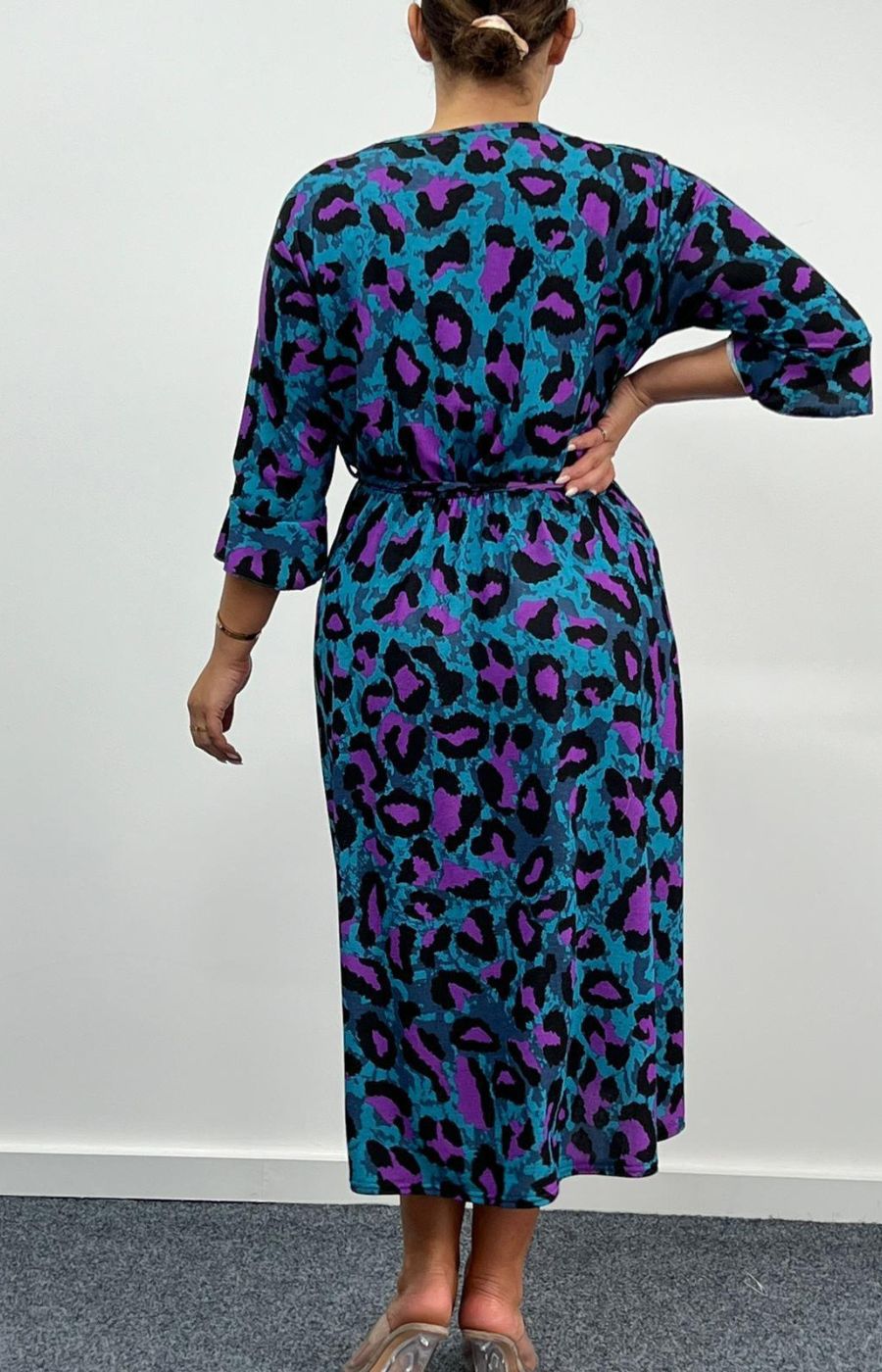 Dani Faux Wrap 3/4 Sleeve Dress in Blue and Purple Leopard Print