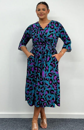 Dani Faux Wrap 3/4 Sleeve Dress in Blue and Purple Leopard Print