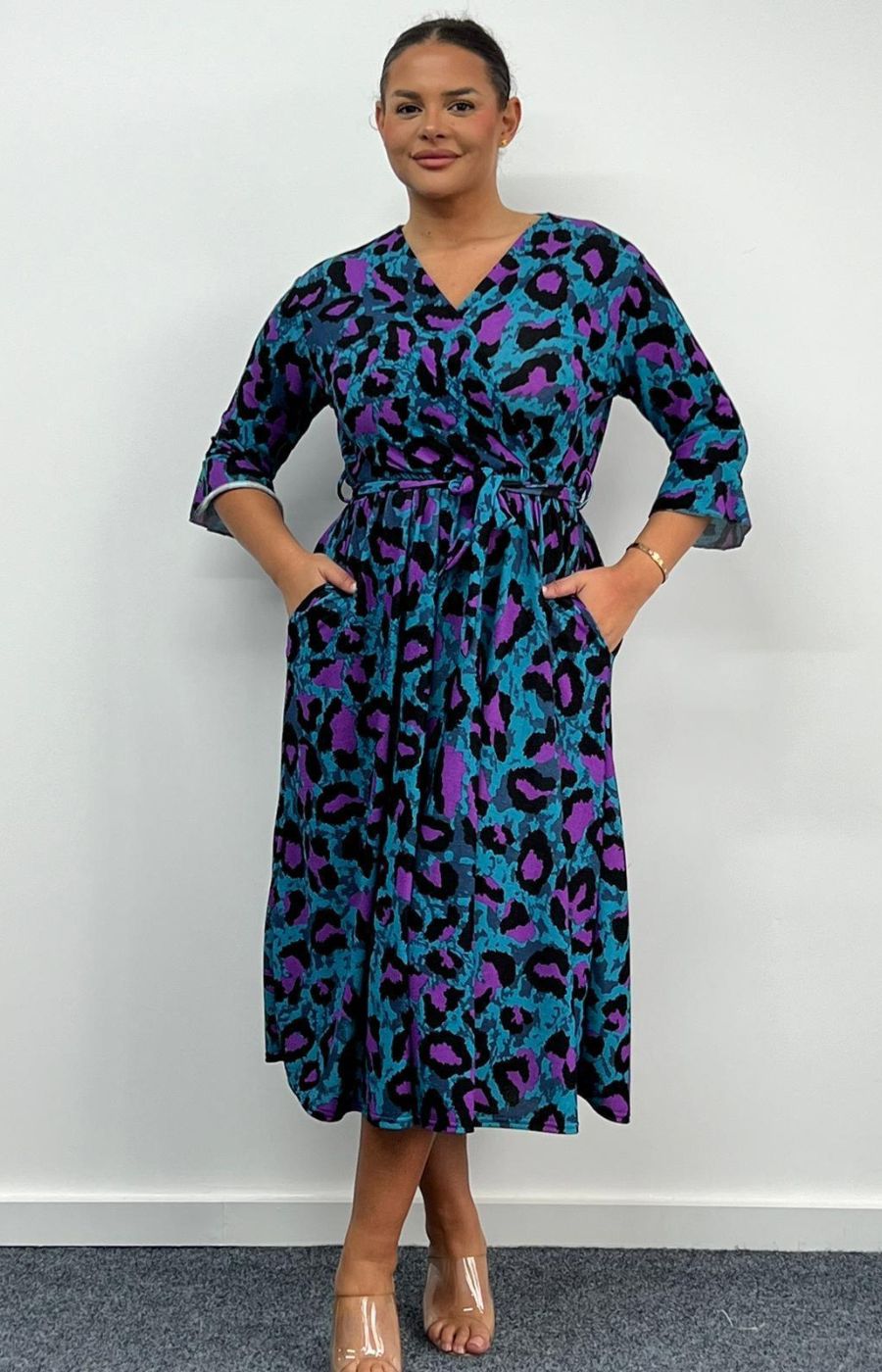 Dani Faux Wrap 3/4 Sleeve Dress in Blue and Purple Leopard Print