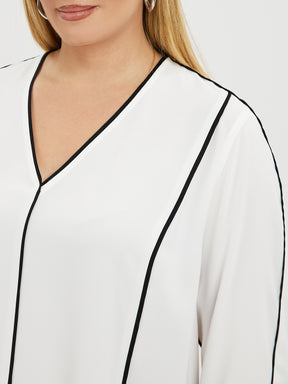 Mat White Blouse with Black Piping