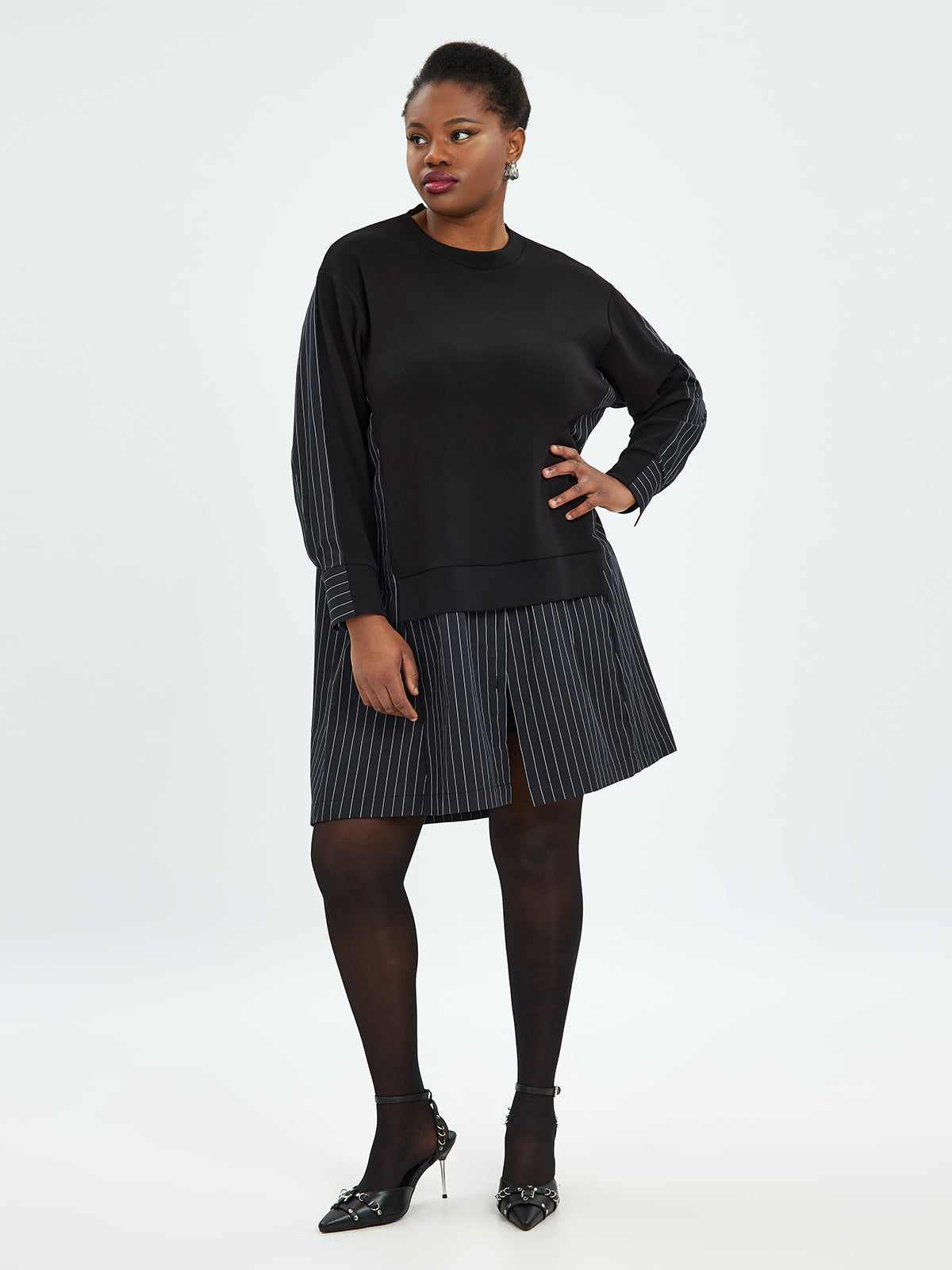 Mat Pinstripe Shirt Dress in Black
