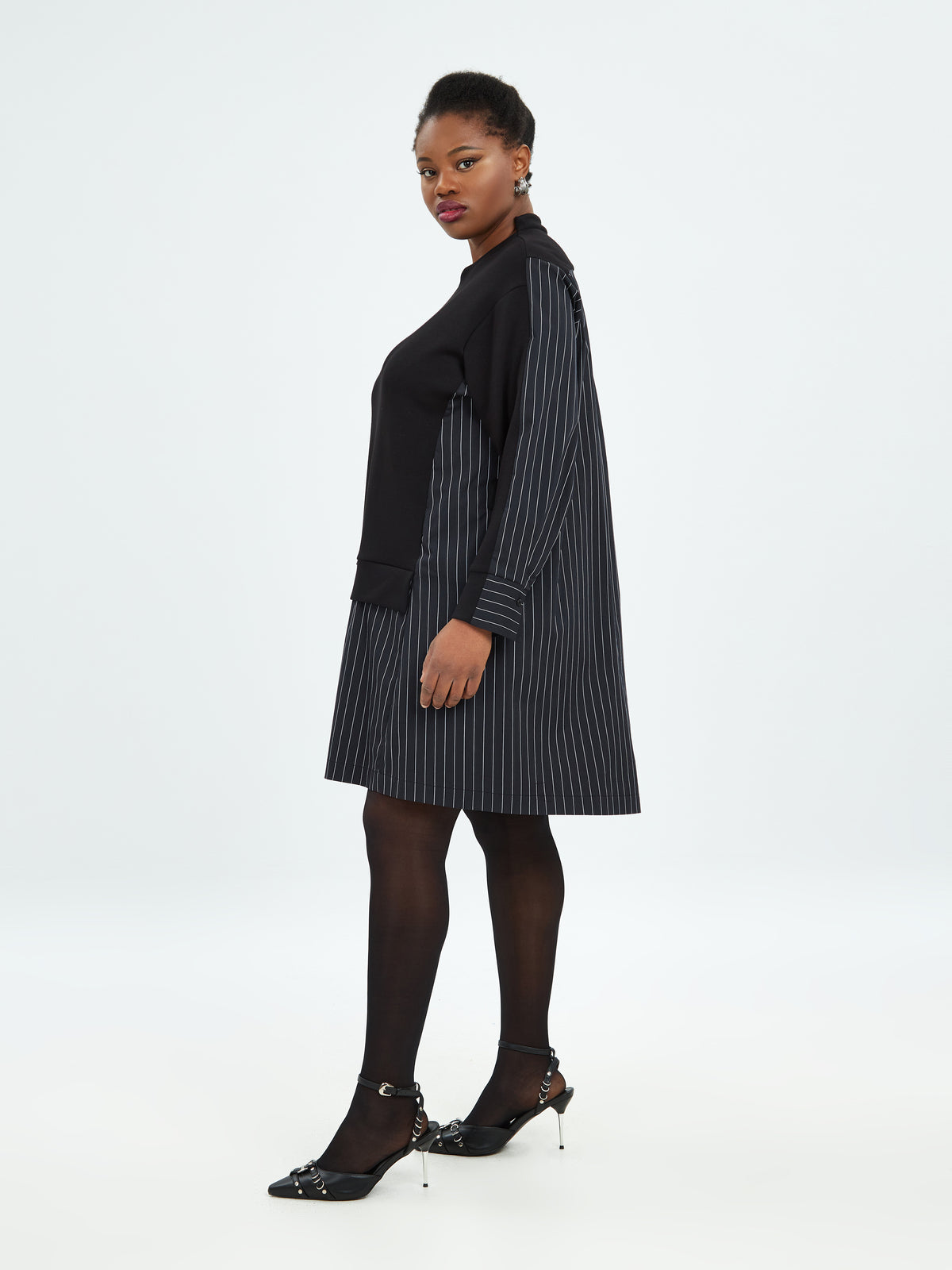 Mat Pinstripe Shirt Dress in Black