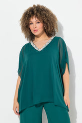 Ulla Popken Diamante Collar Blouse in Green