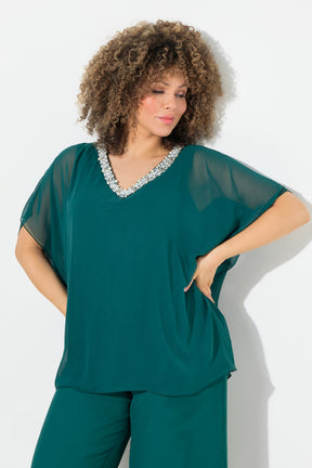 Ulla Popken Diamante Collar Blouse in Green