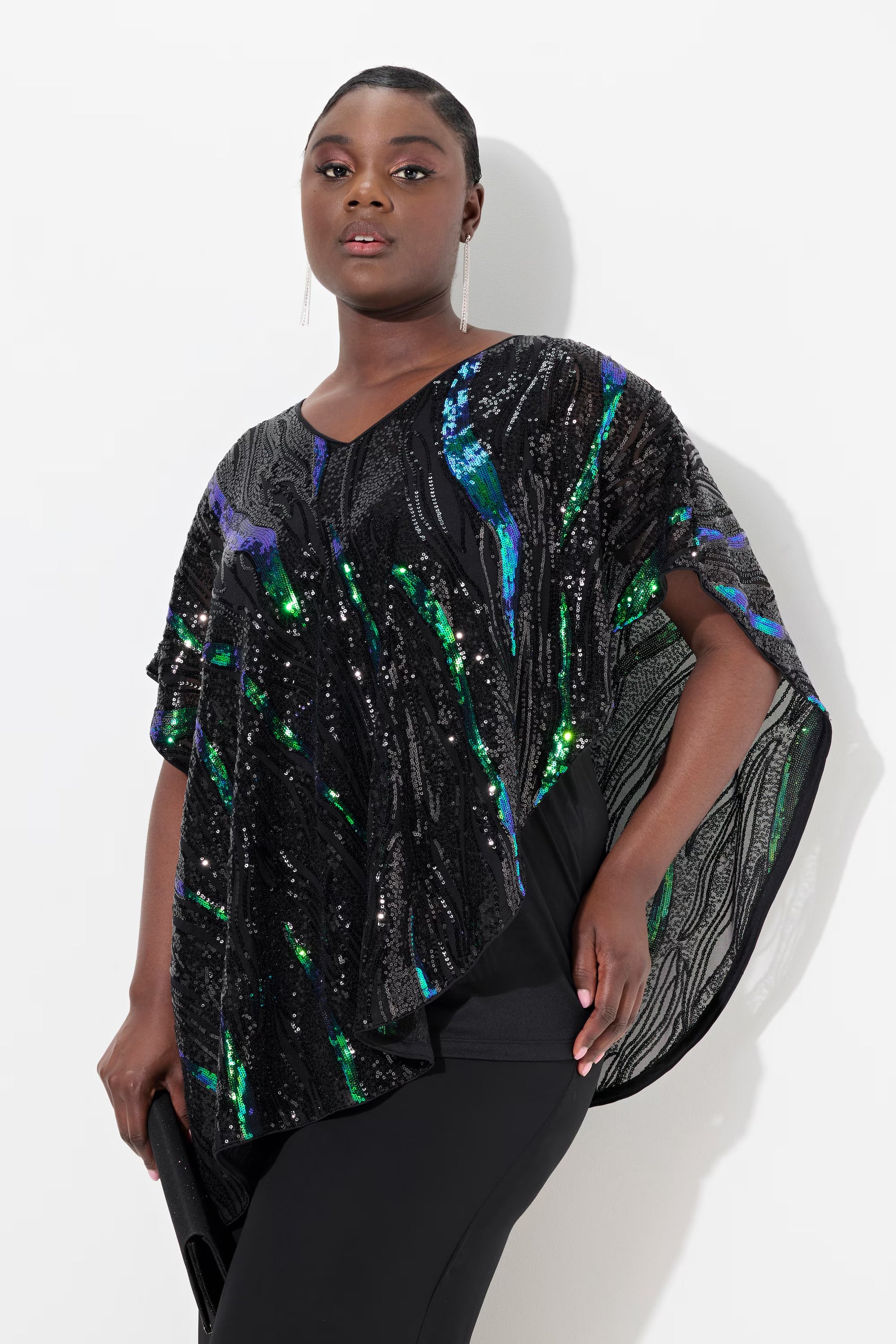 Ulla Popken Asymmetrical Sequin Blouse in Black