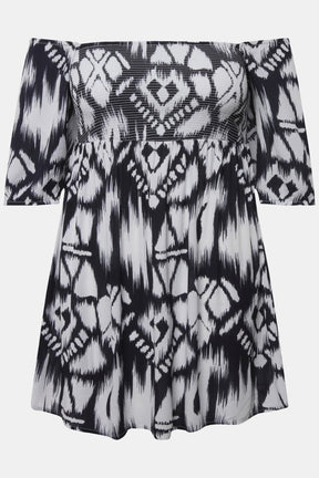 Ulla Popken Smocked Blouse with Black and White Print