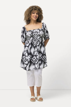 Ulla Popken Smocked Blouse with Black and White Print