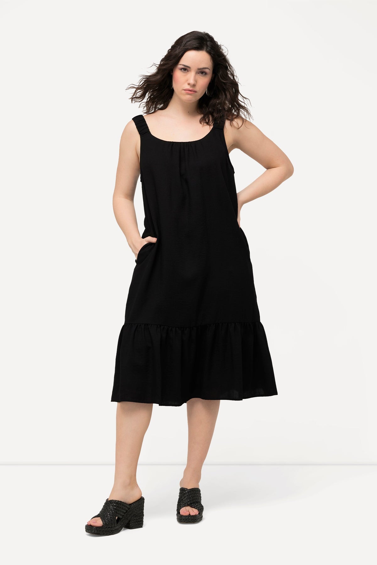 Ulla Popken Flounce Midi Dress in Black