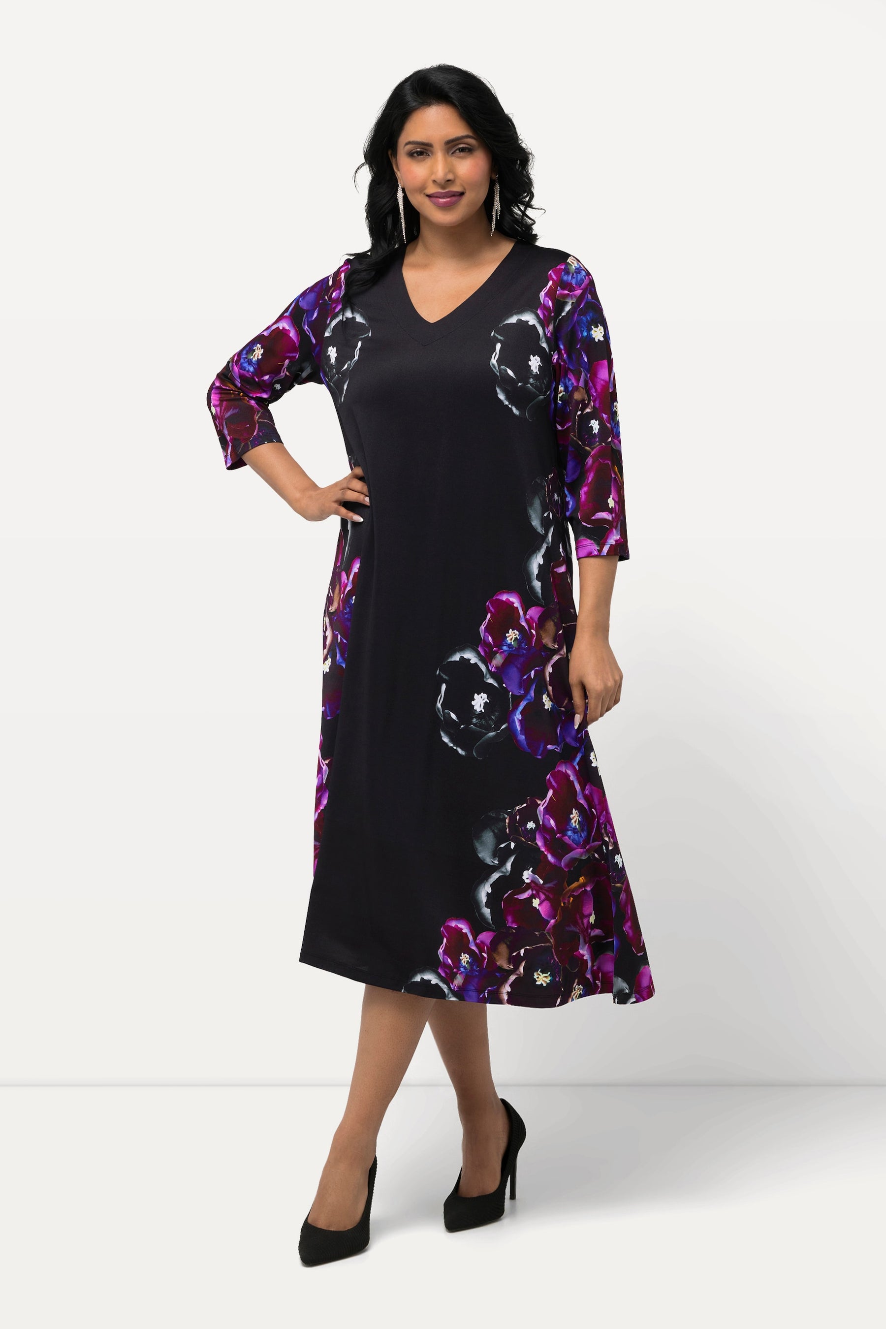 Ulla Popken Slinky Floral Black Dress