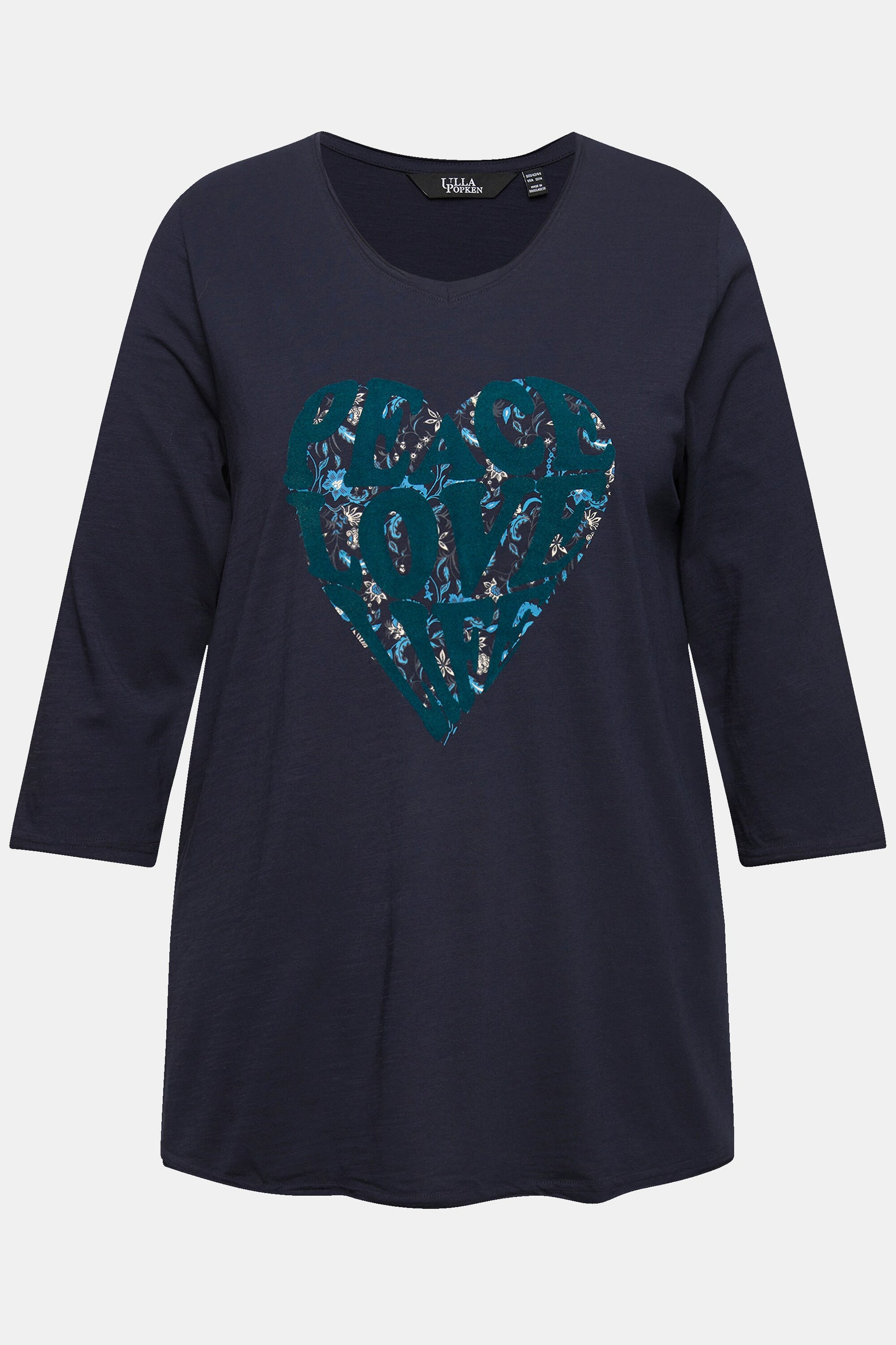 Ulla Popken Peace & Love Cotton Top in Navy