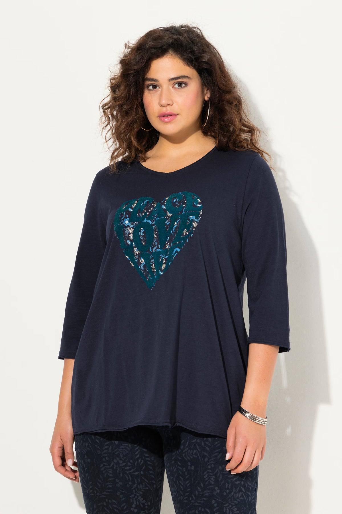 Ulla Popken Peace & Love Cotton Top in Navy