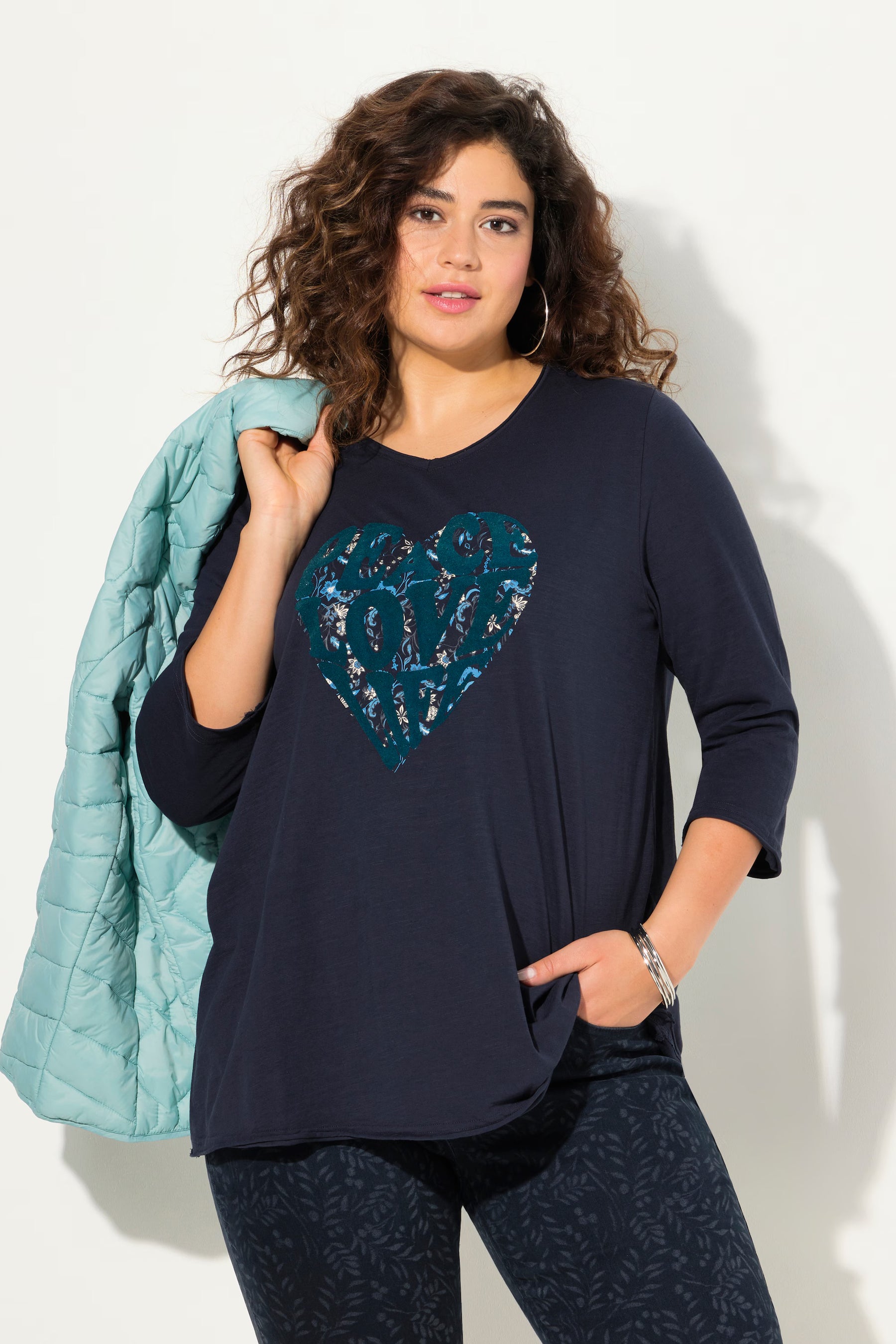 Ulla Popken Peace & Love Cotton Top in Navy