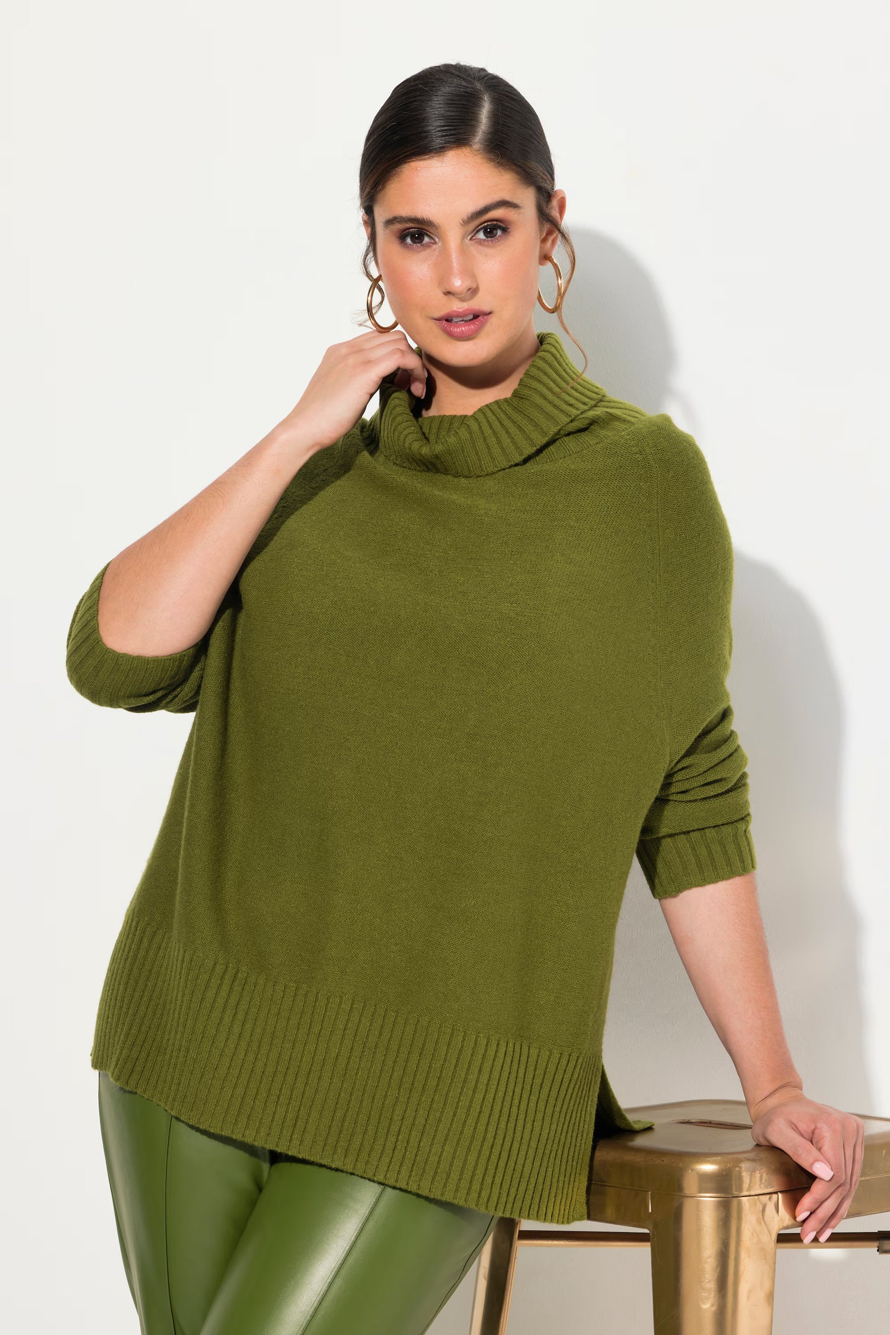 Ulla Popken High Neck Knit Sweater in Green