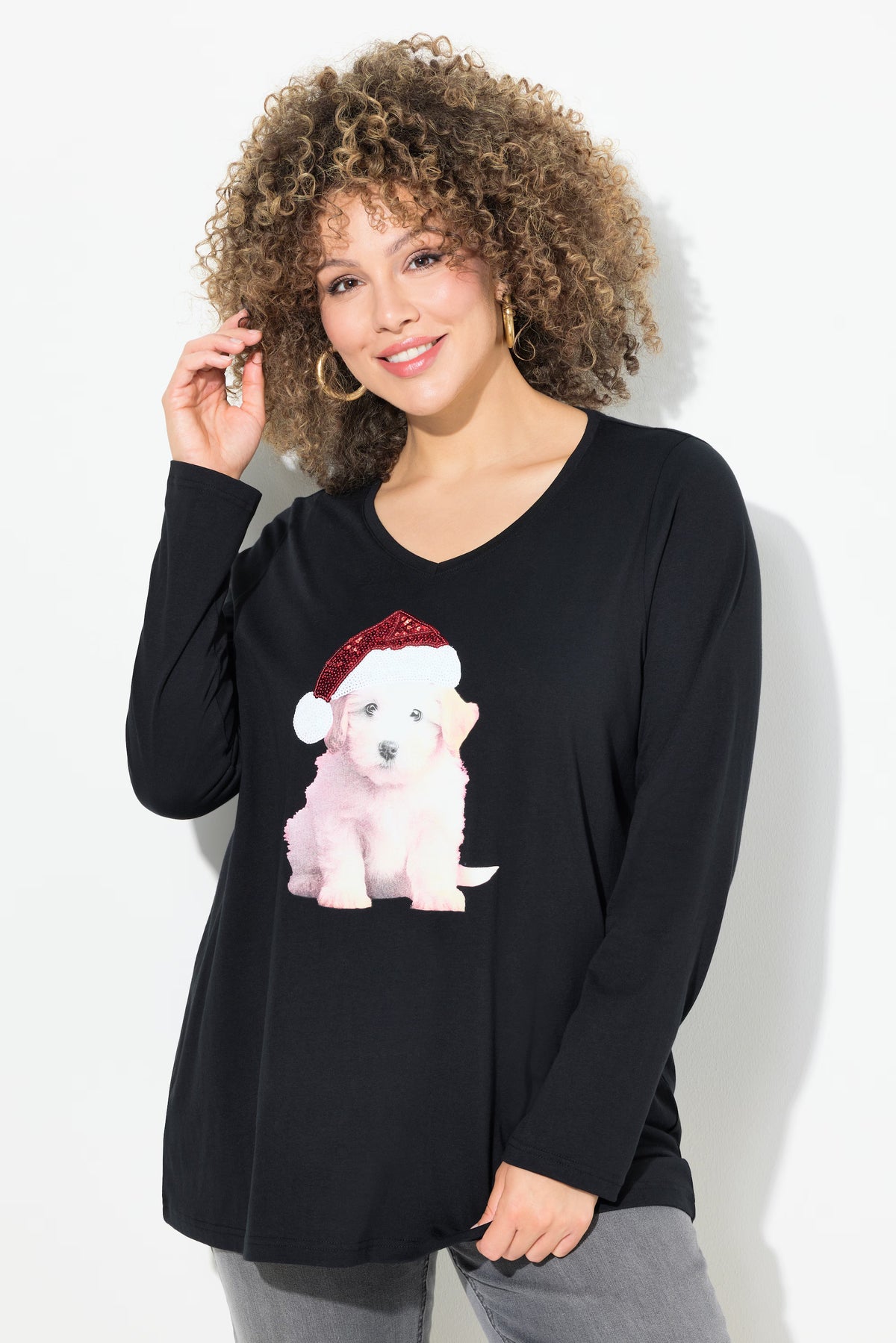 Ulla Popken Christmas Puppy Top in Black