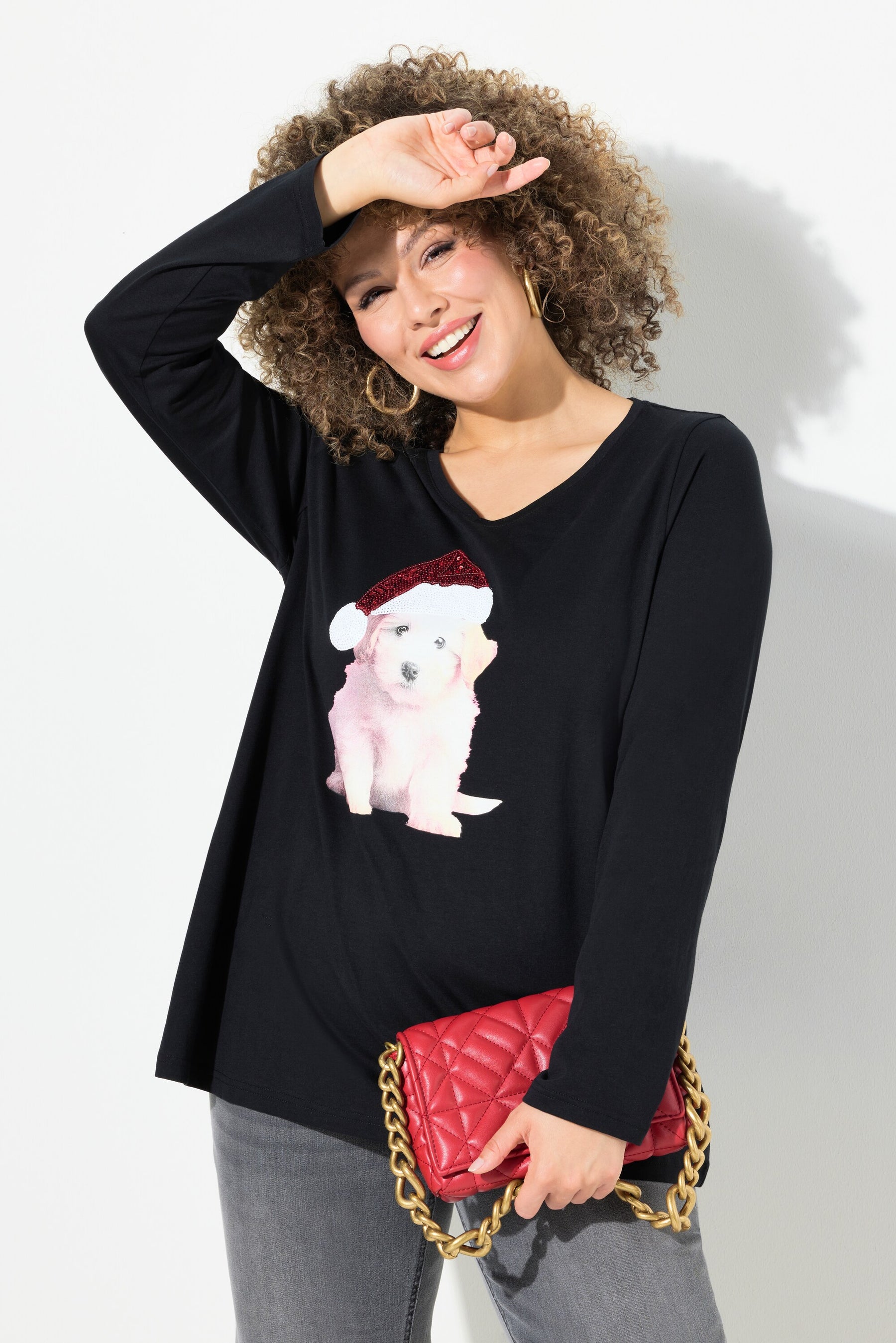 Ulla Popken Christmas Puppy Top in Black