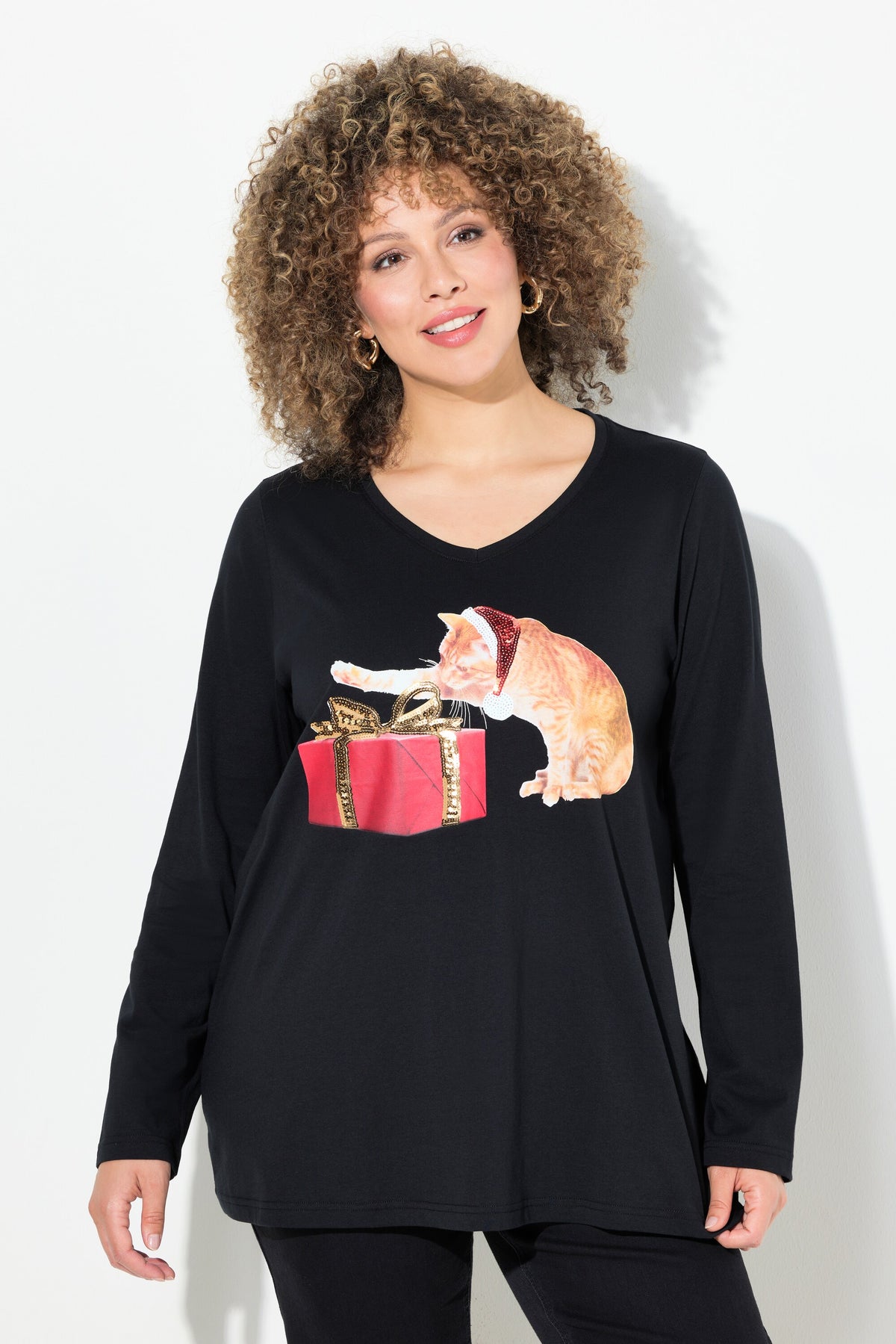 Ulla Popken Christmas Cat Top in Black