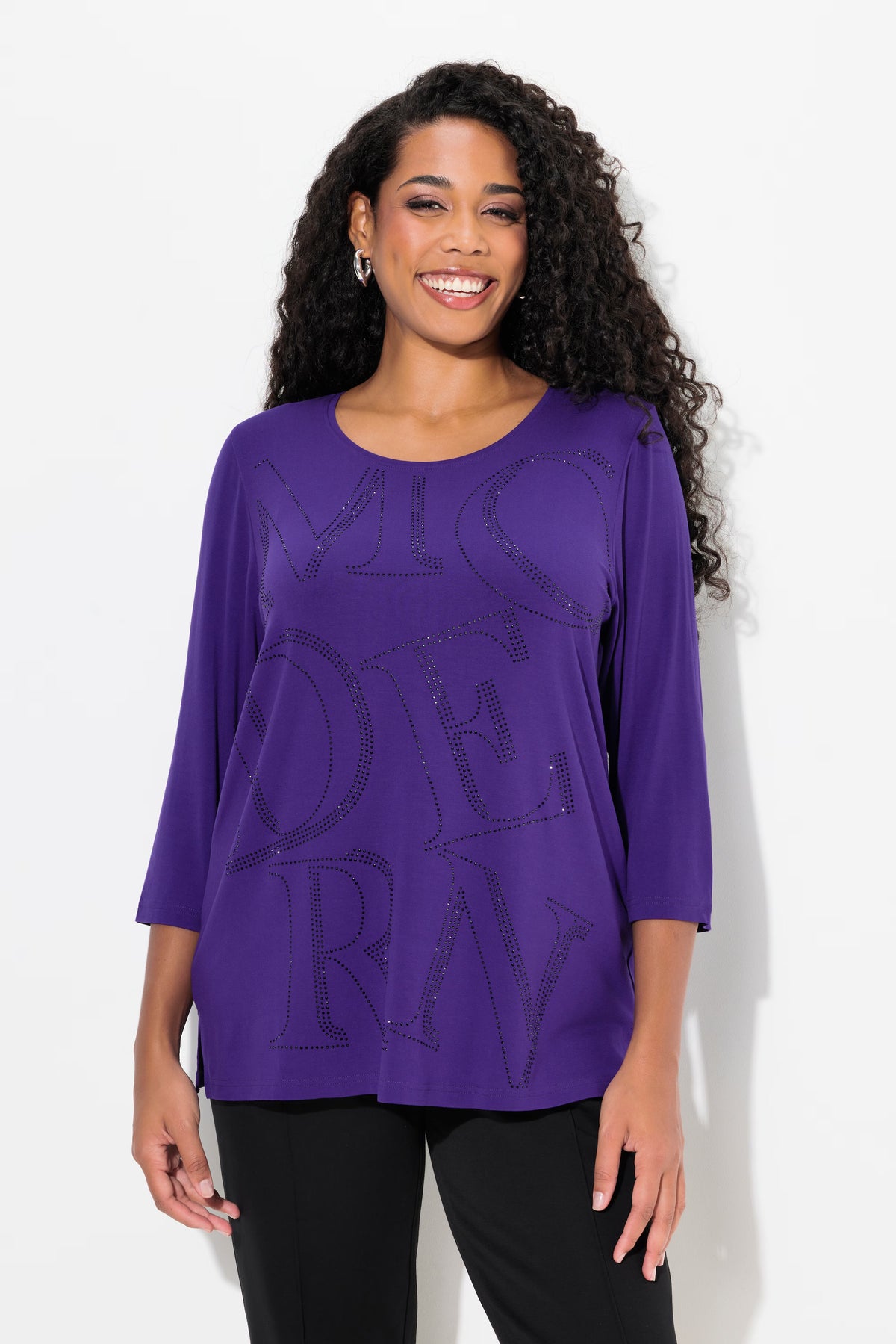 Ulla Popken Glitter Lettering Shirt in Purple