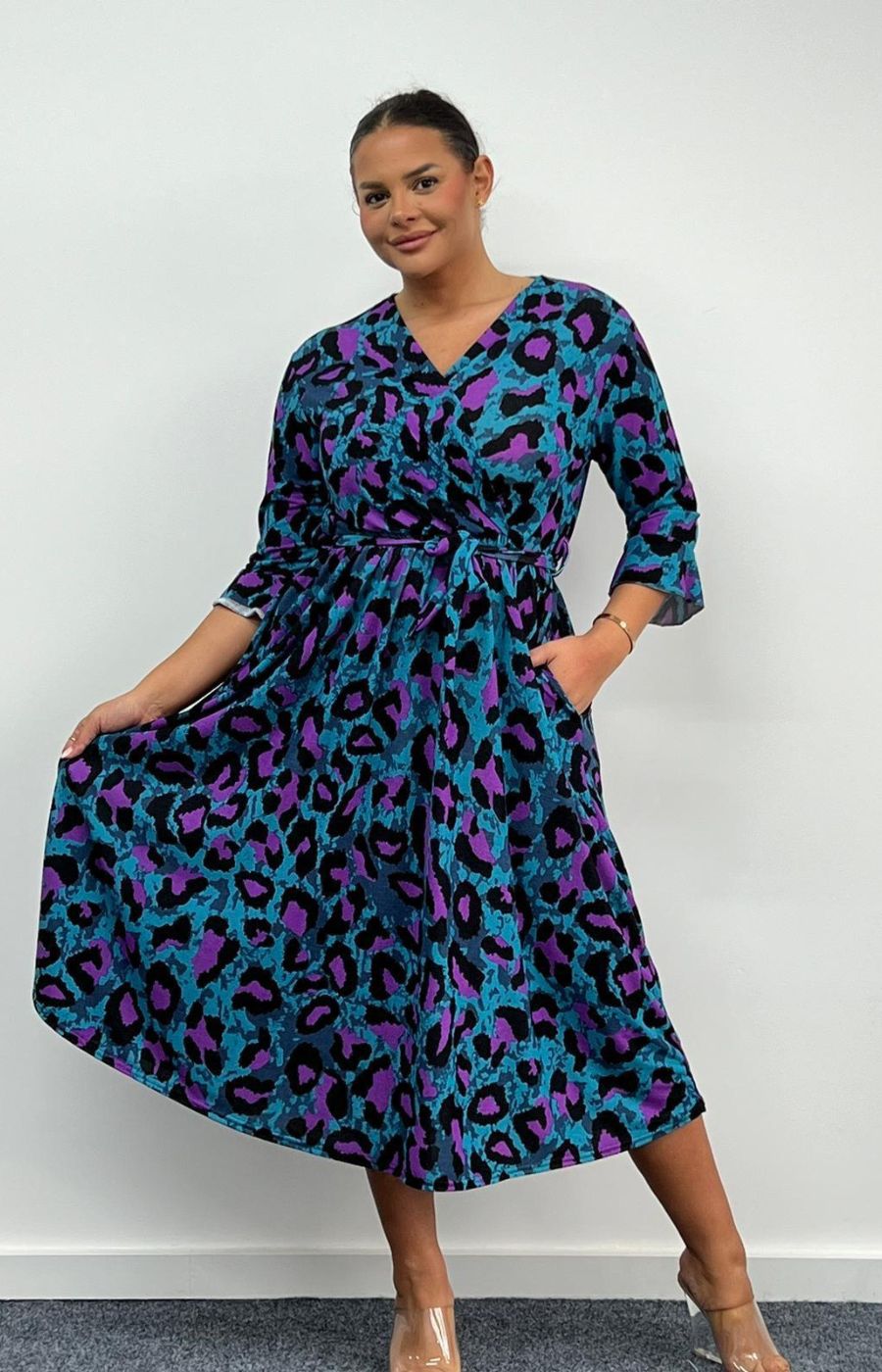 Dani Faux Wrap 3/4 Sleeve Dress in Blue and Purple Leopard Print