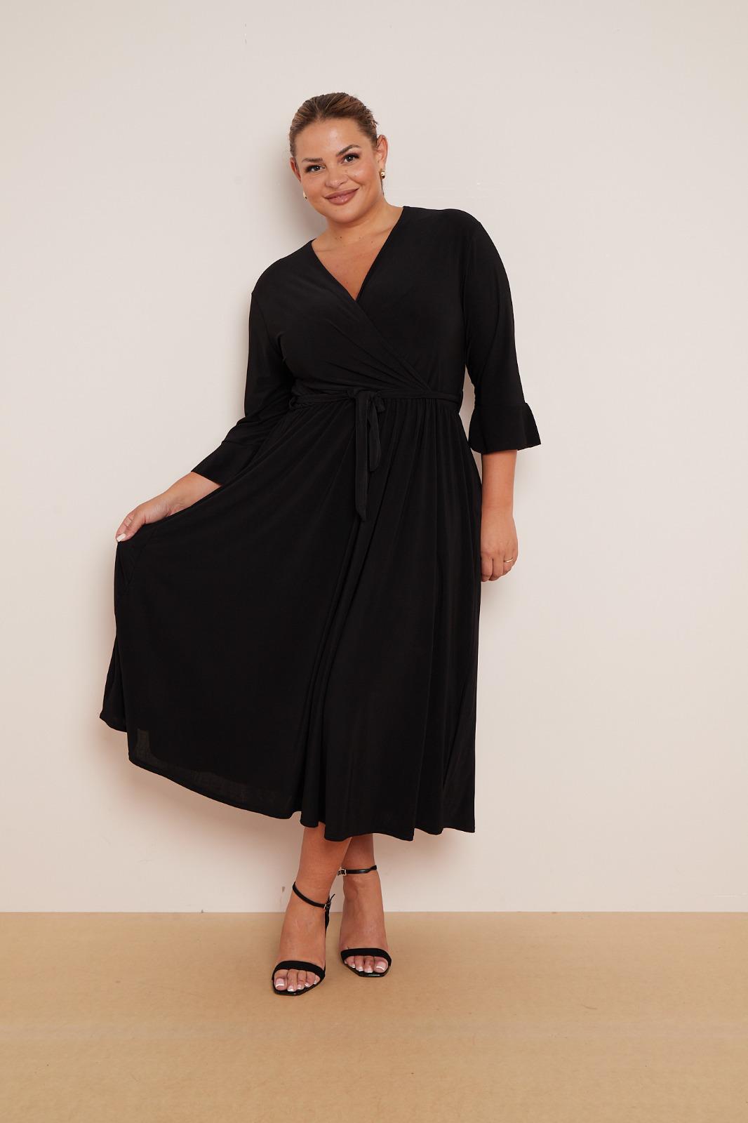 Dani Faux Wrap 3/4 Sleeve Dress in Black