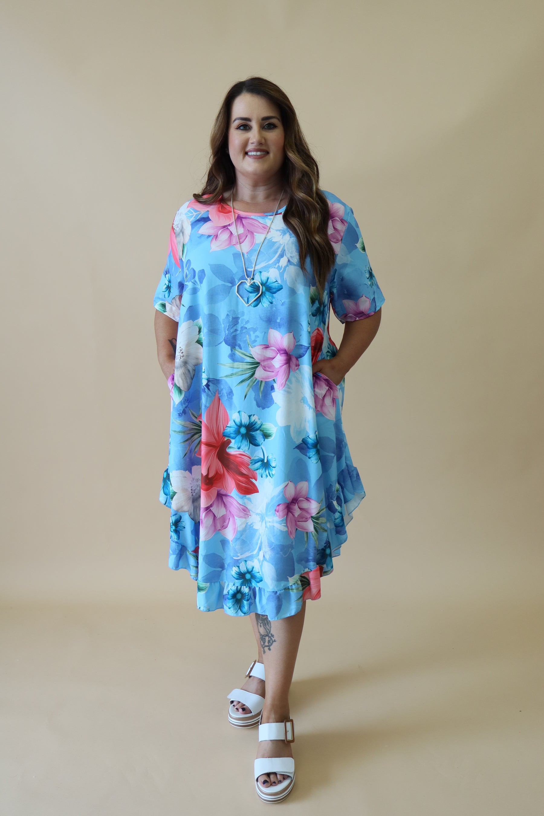 Angie Floral Dress in Blue Plus Size Dresses Wardrobeplus.ie