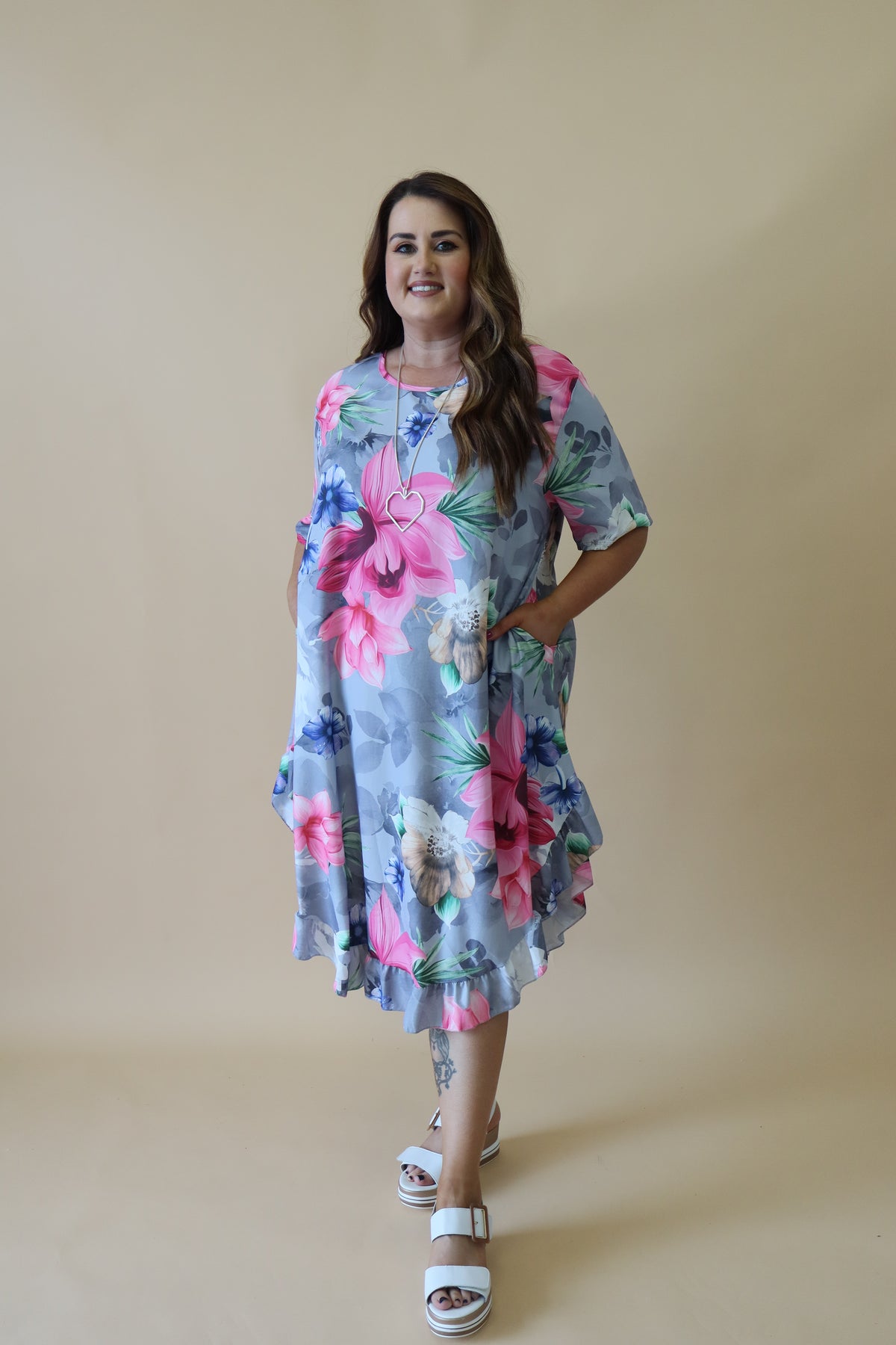 Angie Floral Dress in Grey