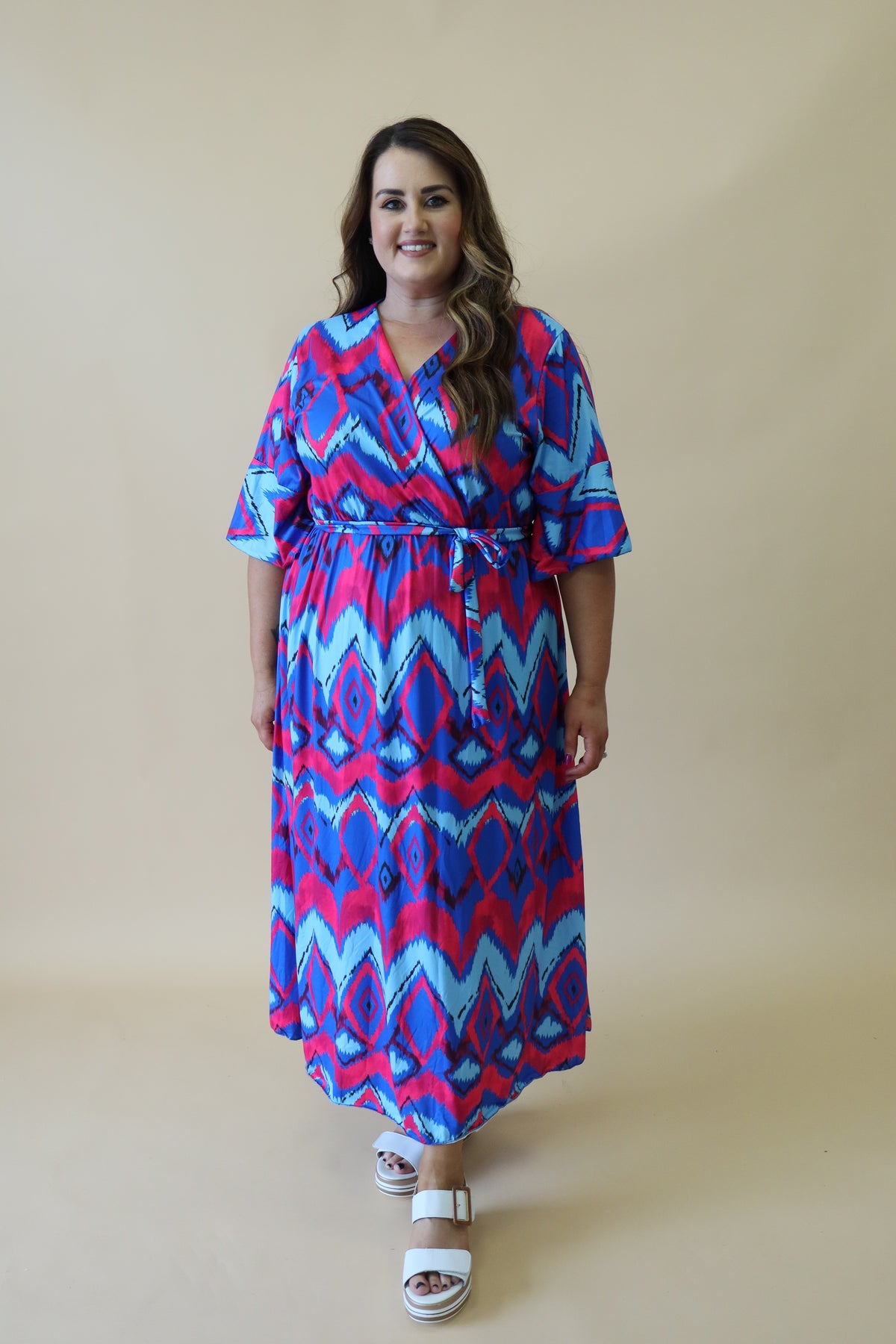 Beth Faux Wrap Dress in Blue Print
