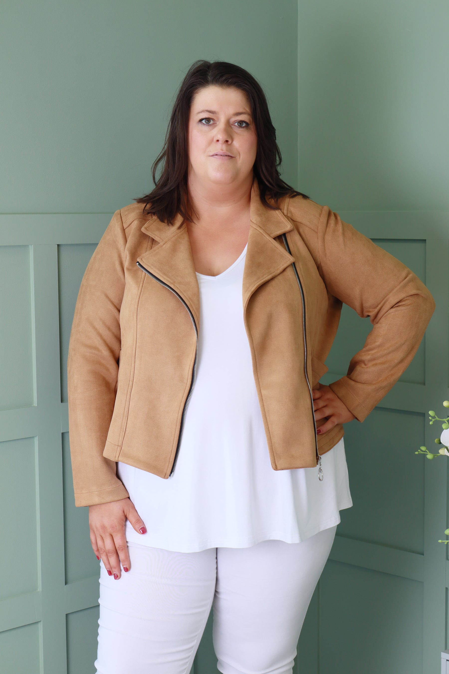 Amber Suede Biker Jacket in Camel