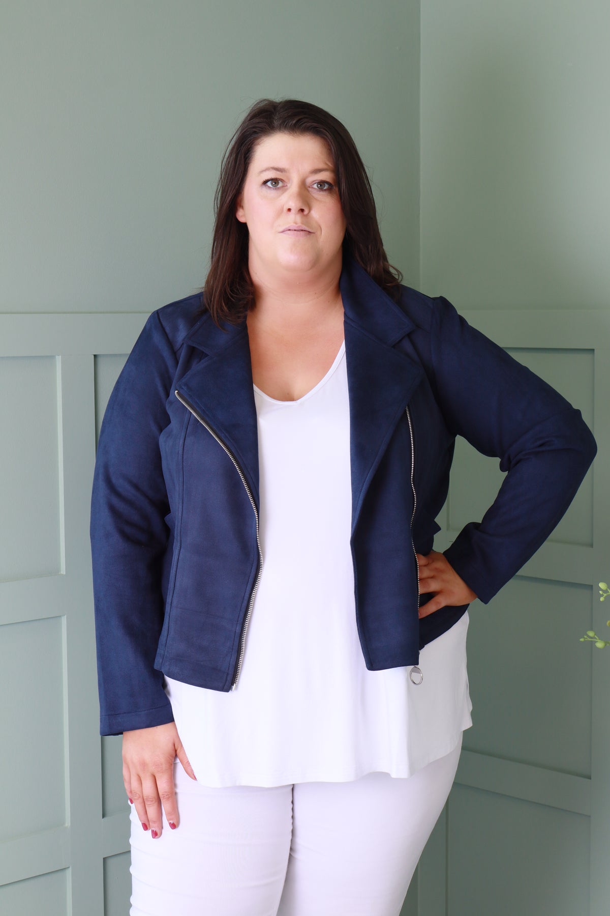 Amber Suede Biker Jacket in Navy