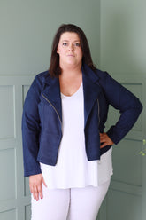 Amber Suede Biker Jacket in Navy