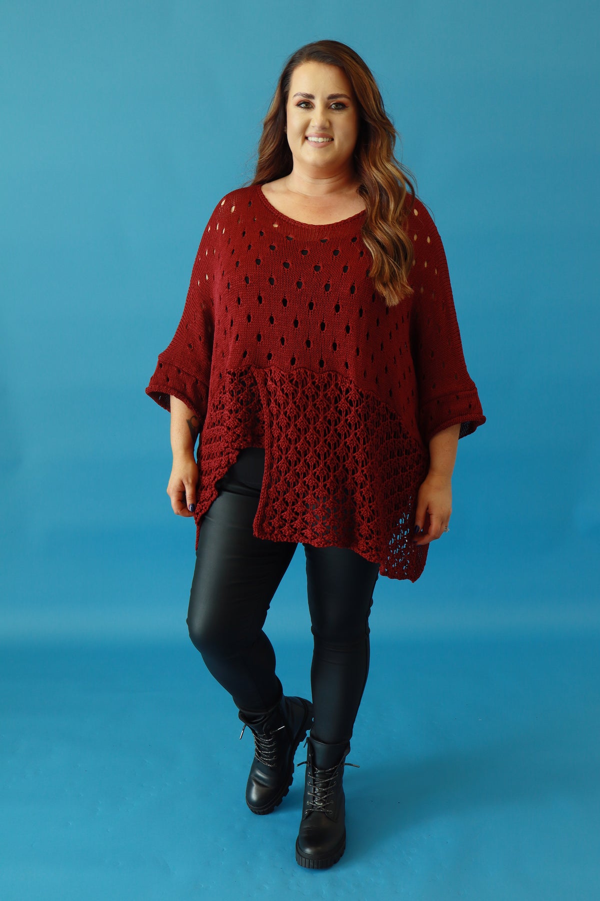 Aubrey Oversized Crochet Jumper in Wine