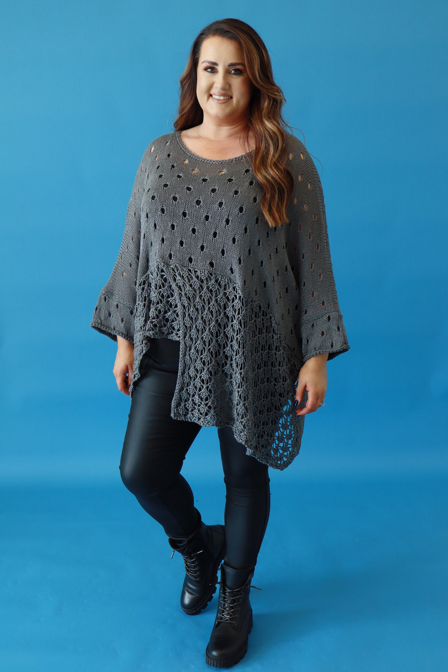 Aubrey Oversized Crochet Jumper in Grey