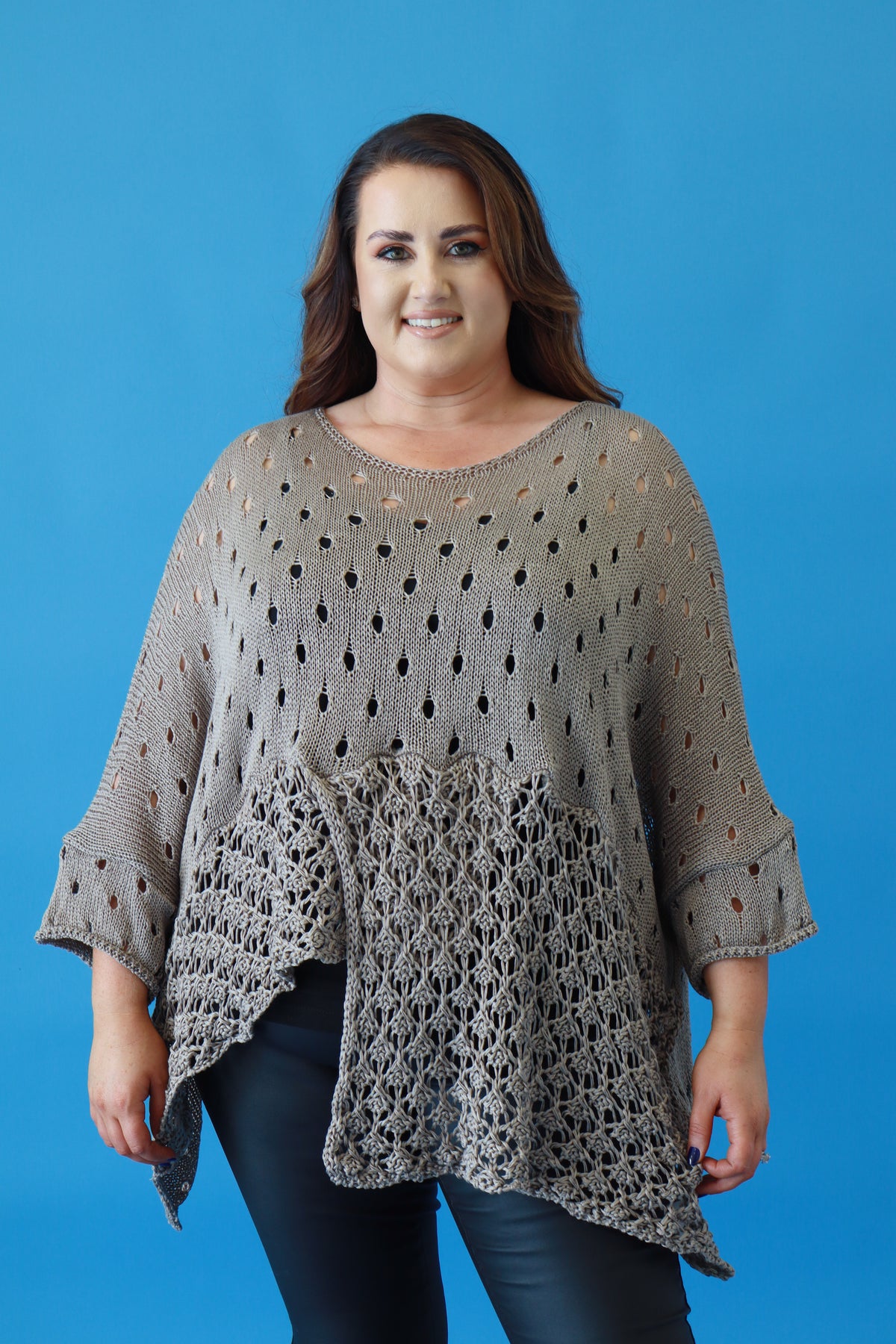 Aubrey Oversized Crochet Jumper in Taupe