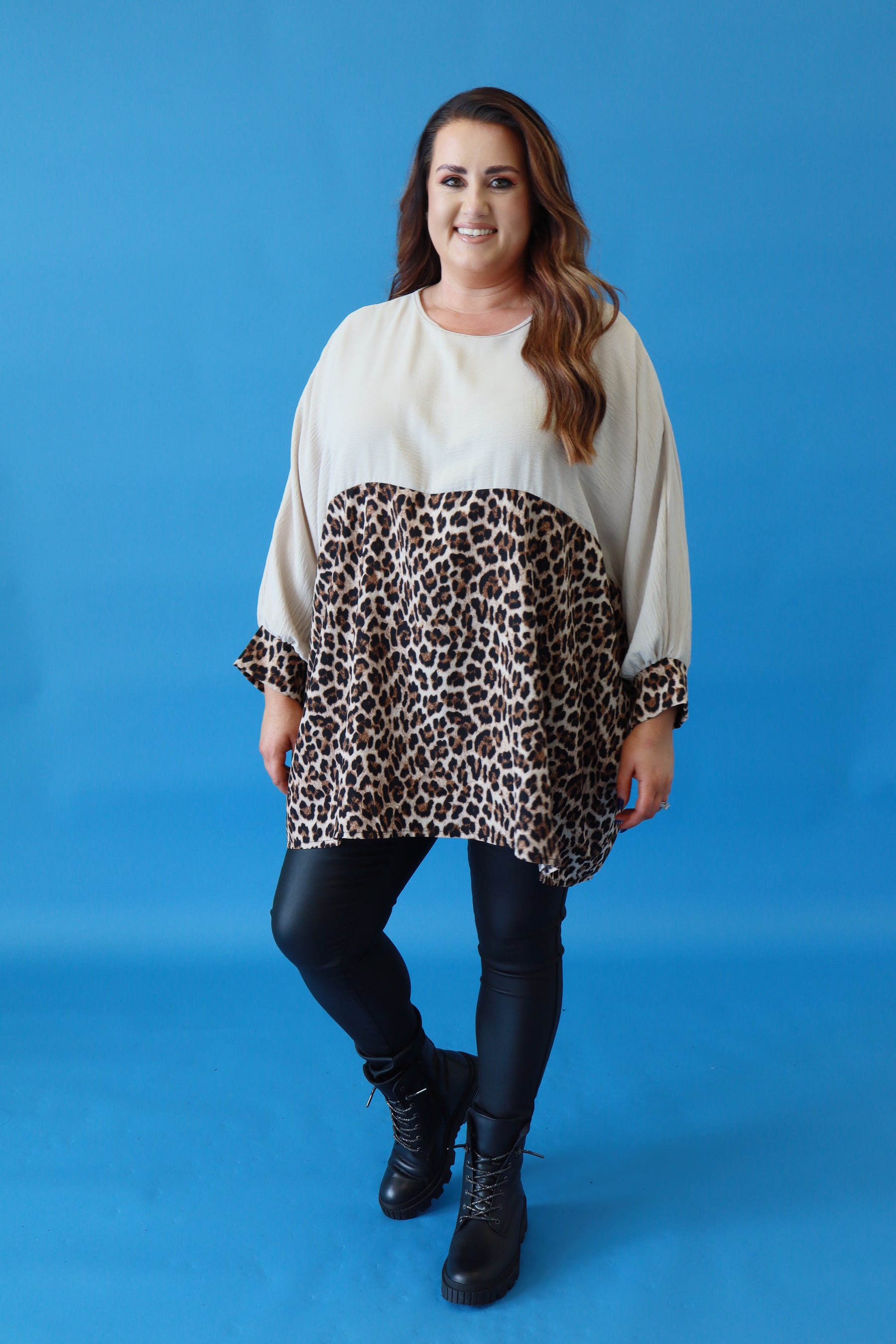 Ella Oversized Blouse in Beige Leopard Print