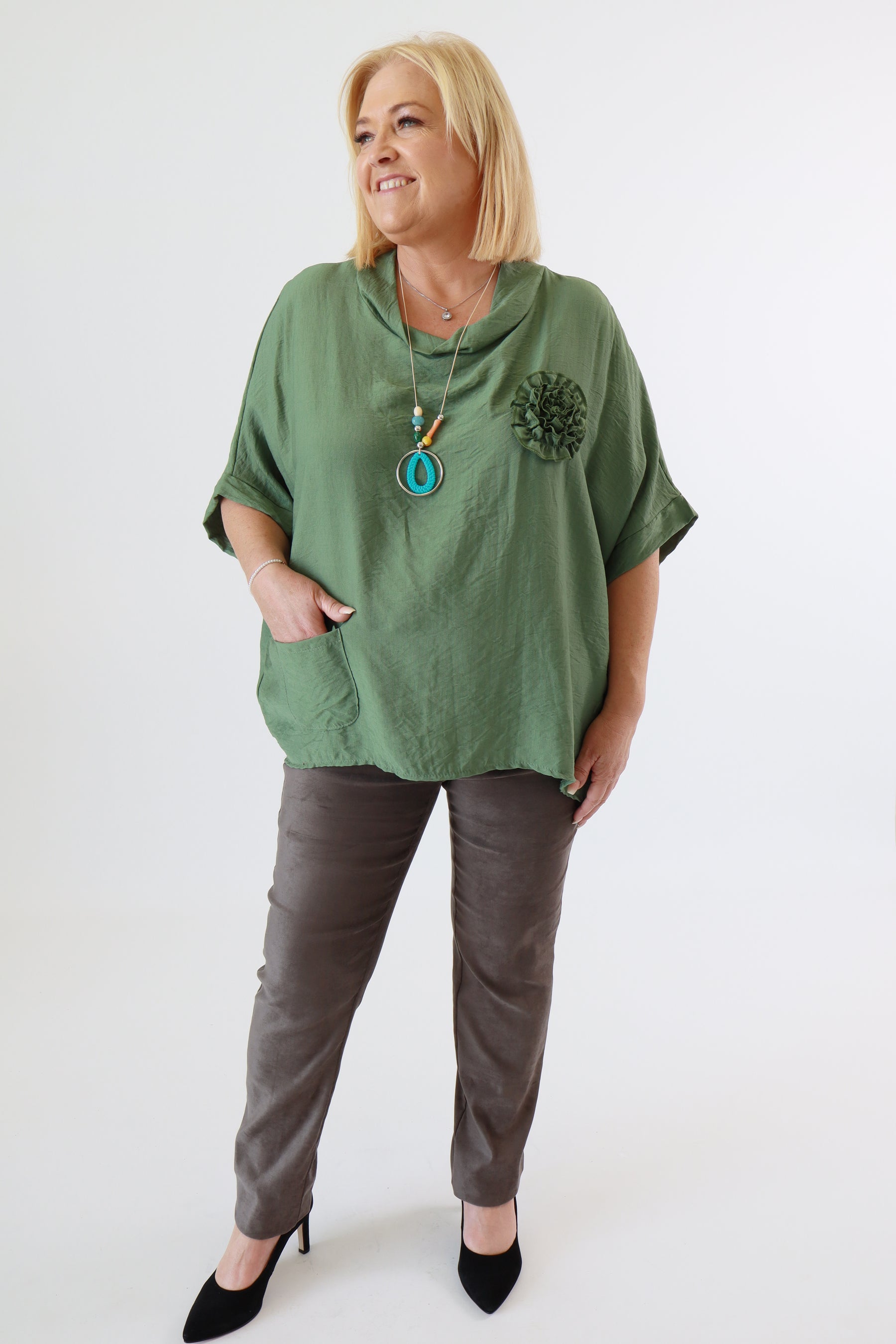 Vita Cowl Neck Blouse in Khaki