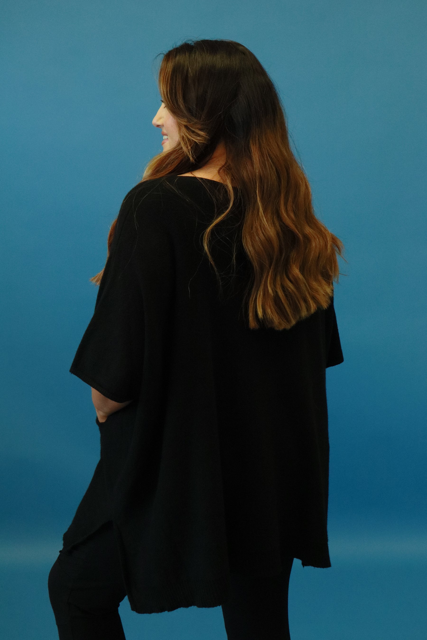 Lina Oversized Knit Poncho in Black