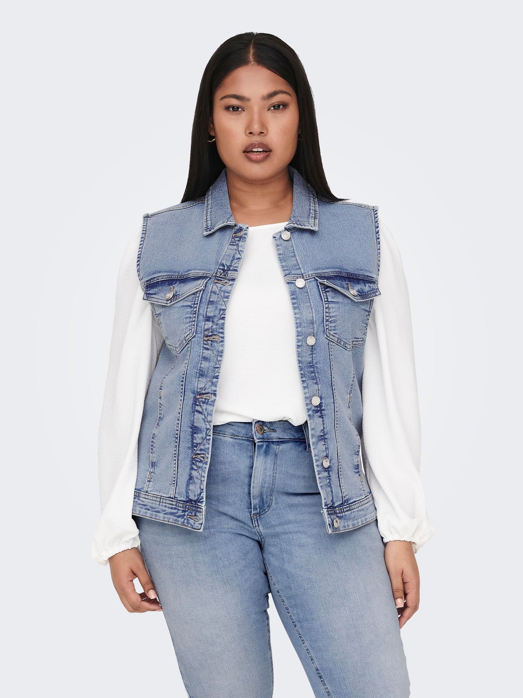 Only Carmakoma Sleeveless Denim Jacket in Pale Blue